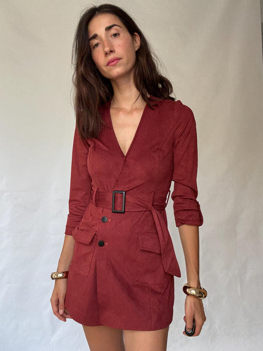 Morgan deep red romper, cotton feel, tailored fit, v, neck, fabric belt, front flap pockets, elegant, US XS, party evening wear