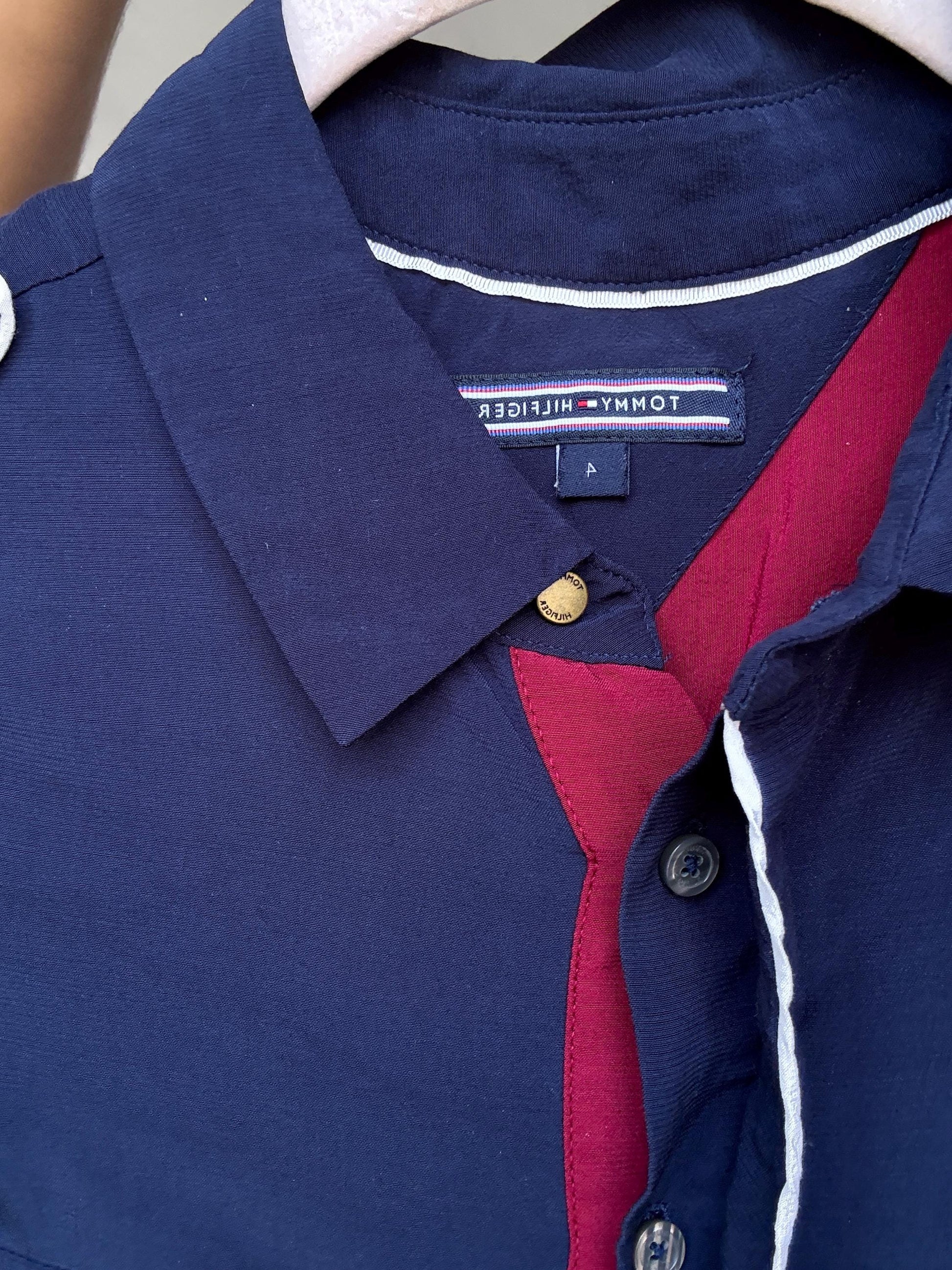 Tommy Hilfiger navy dress, viscose feel, wrap style, contrast white piping, preppy Carolyn bessette, kennedy vibe, US S, office smart casual