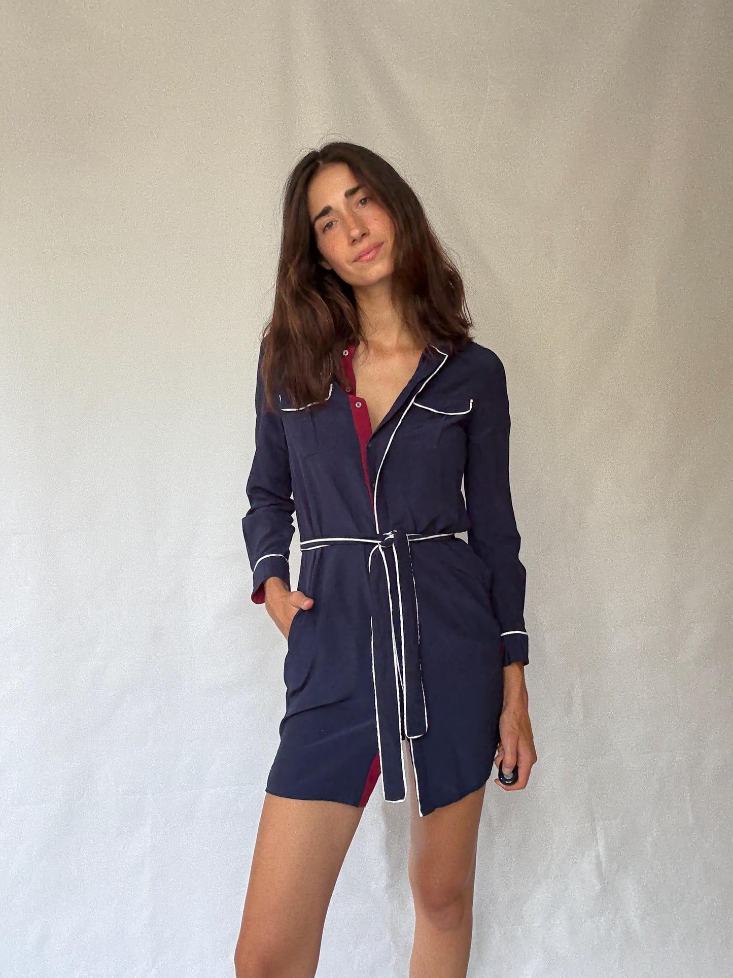 Tommy Hilfiger navy dress, viscose feel, wrap style, contrast white piping, preppy Carolyn bessette, kennedy vibe, US S, office smart casual