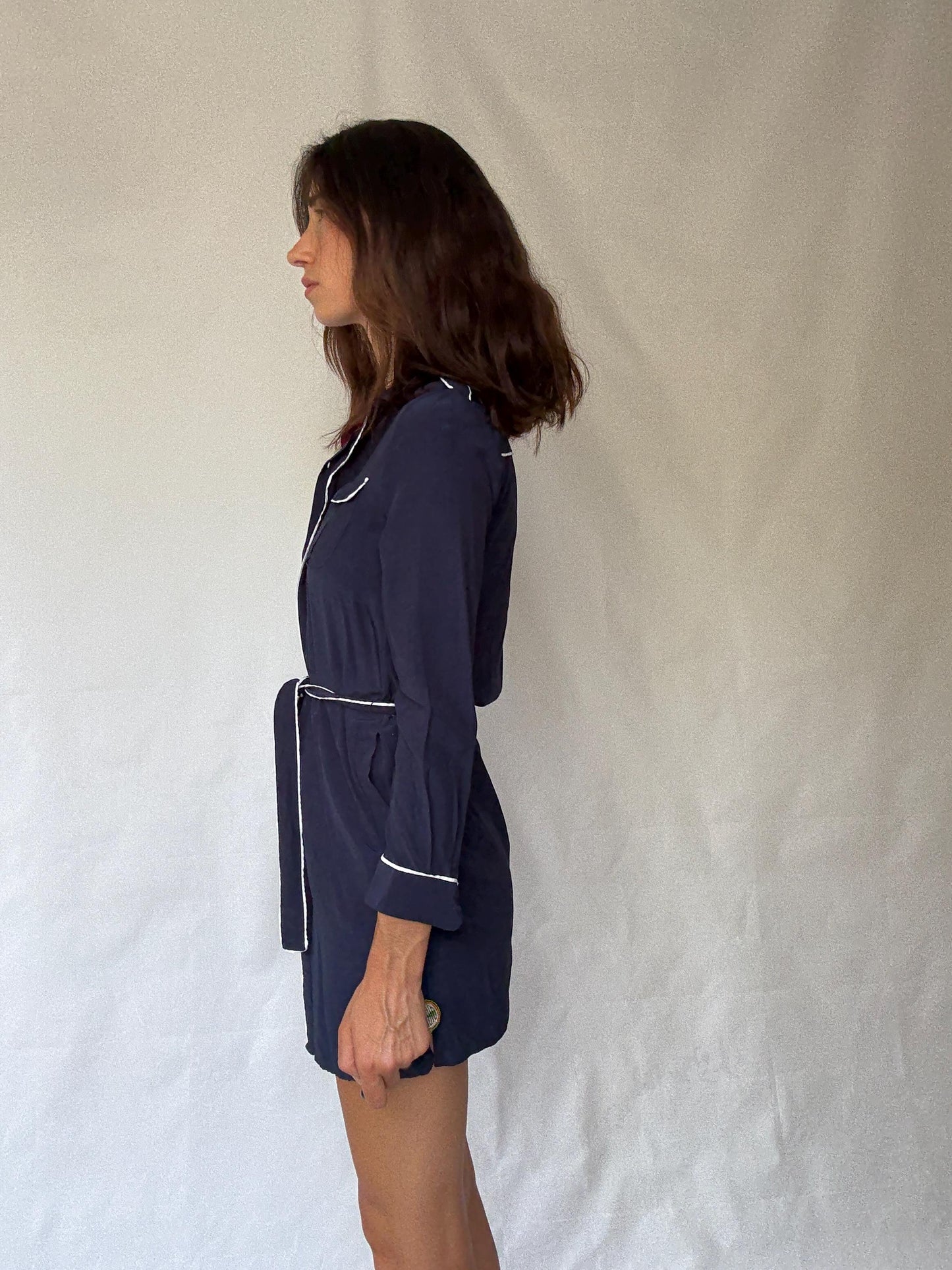 Tommy Hilfiger navy dress, viscose feel, wrap style, contrast white piping, preppy Carolyn bessette, kennedy vibe, US S, office smart casual