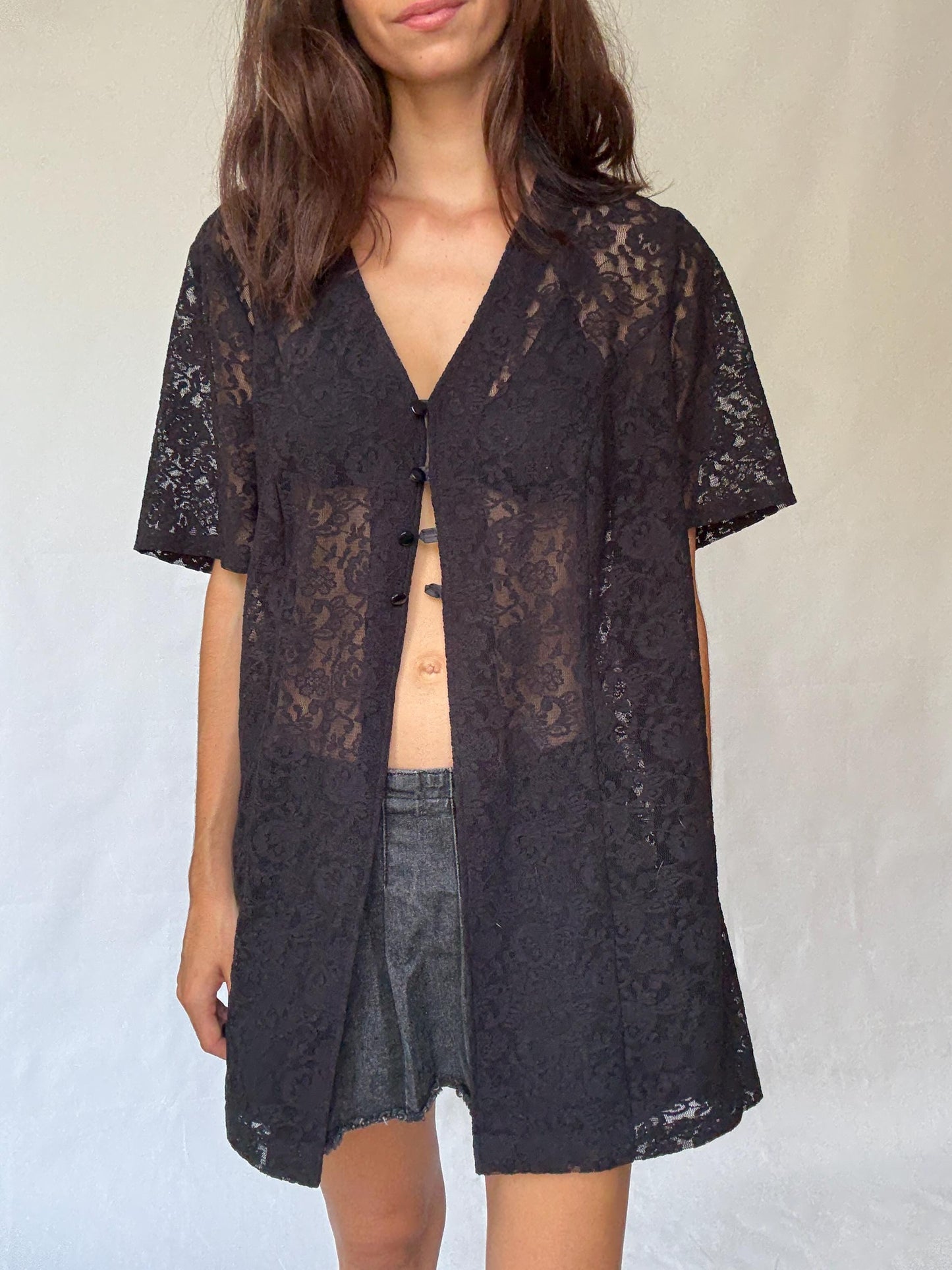Vintage black lace button, up shirt, cotton feel, loose fit, floral sheer lace, romantic gothic, US L, versatile layering piece