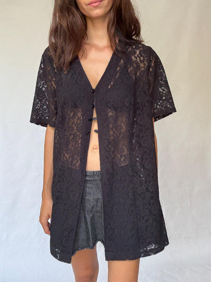 Vintage Black Lace Button-Up Shirt — back view