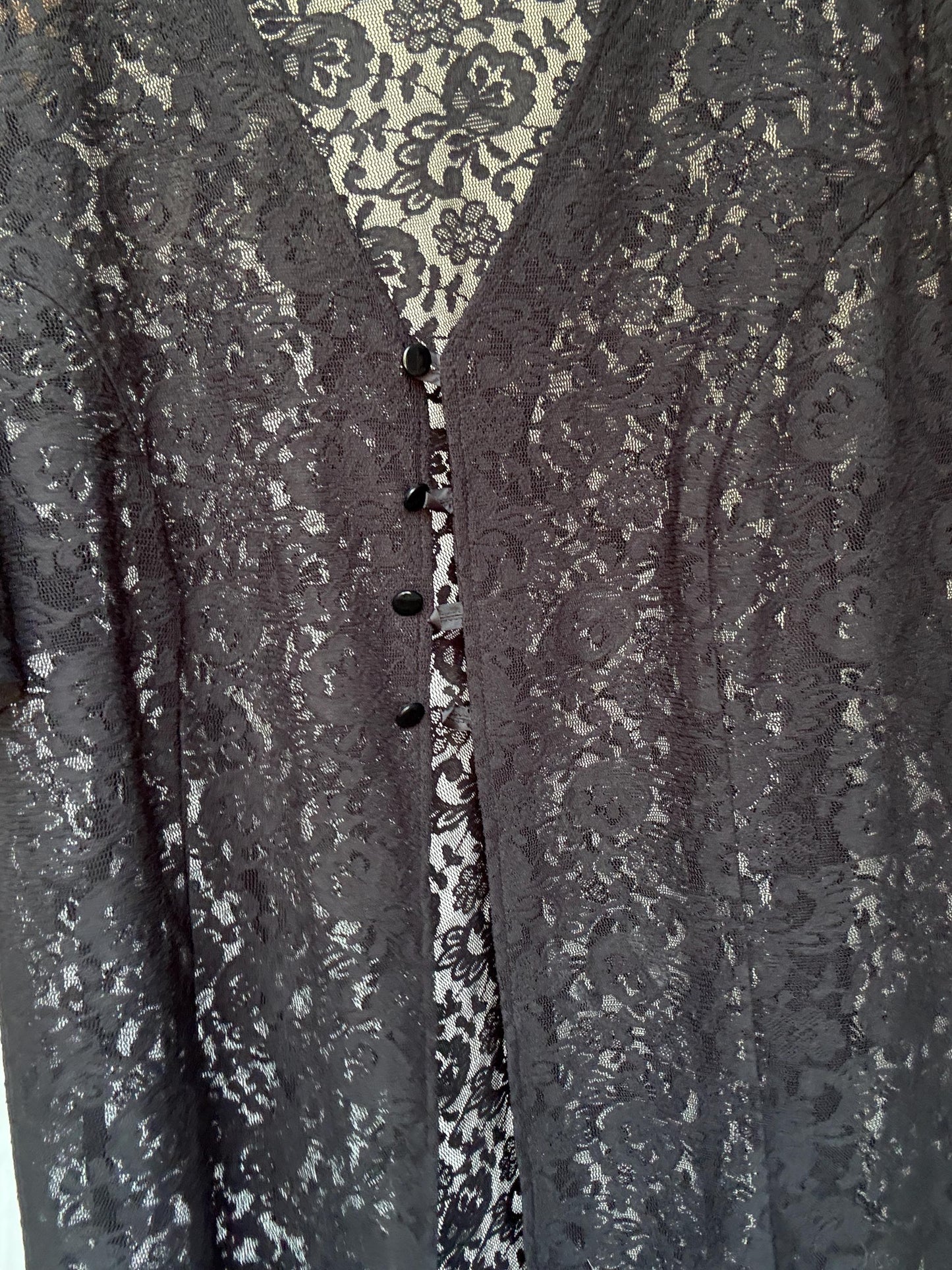 Vintage black lace button, up shirt, cotton feel, loose fit, floral sheer lace, romantic gothic, US L, versatile layering piece