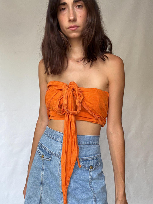 Vintage orange crop top, linen, elasticized bust, back zipper, adjustable straps, coastal grandmother, US M, casual picnic