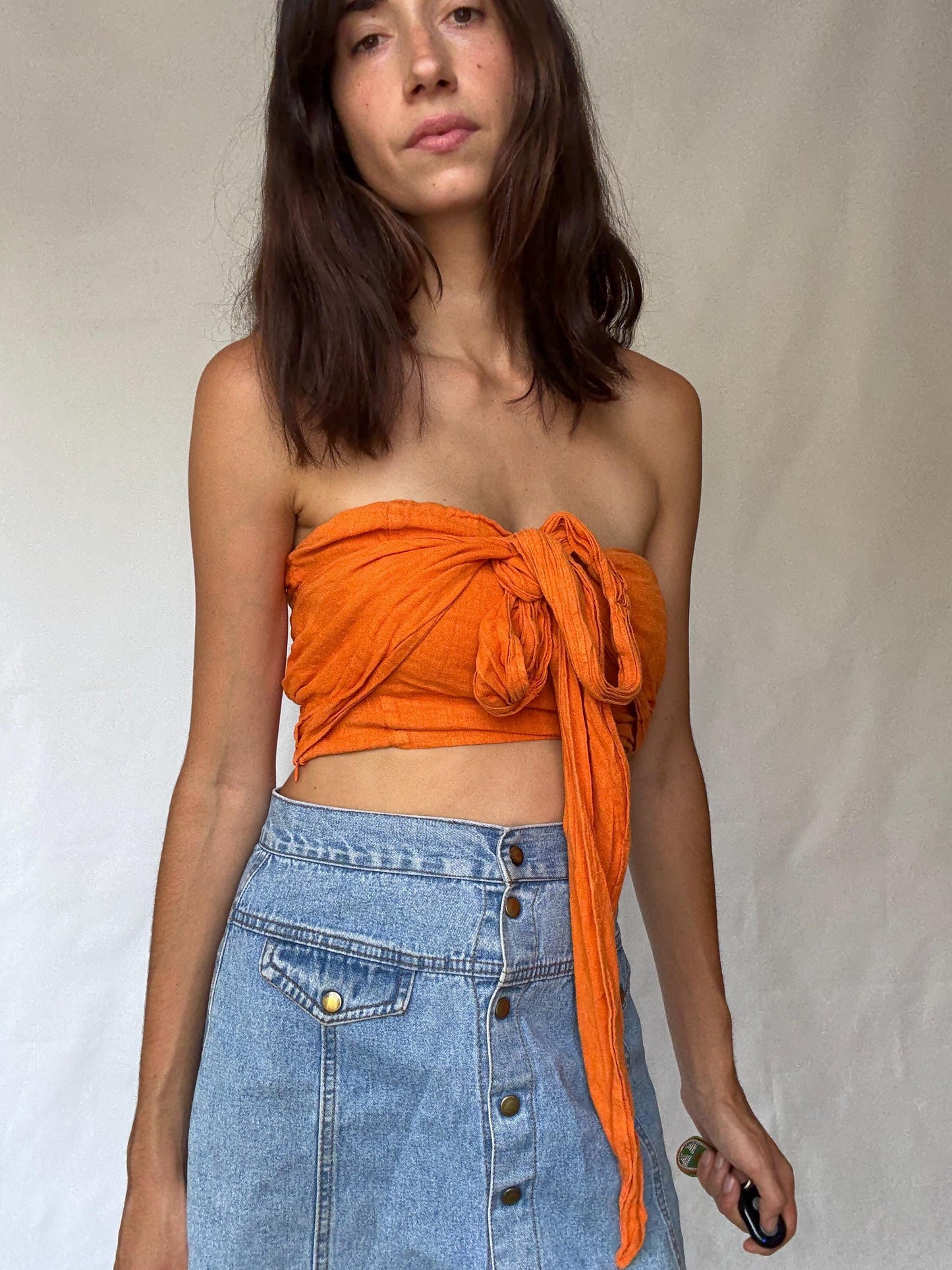 Vintage orange crop top, linen, elasticized bust, back zipper, adjustable straps, coastal grandmother, US M, casual picnic