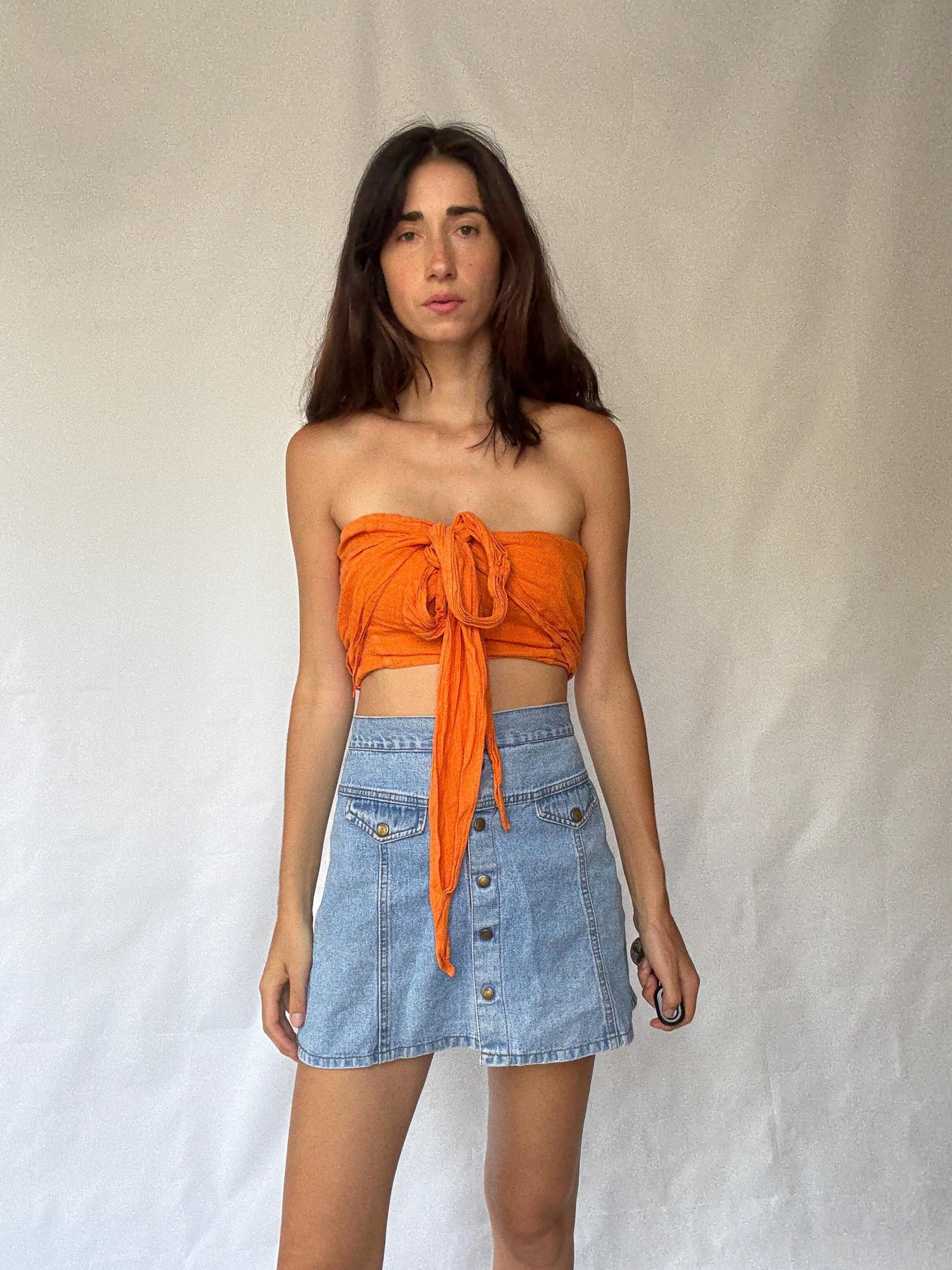 Vintage orange crop top, linen, elasticized bust, back zipper, adjustable straps, coastal grandmother, US M, casual picnic