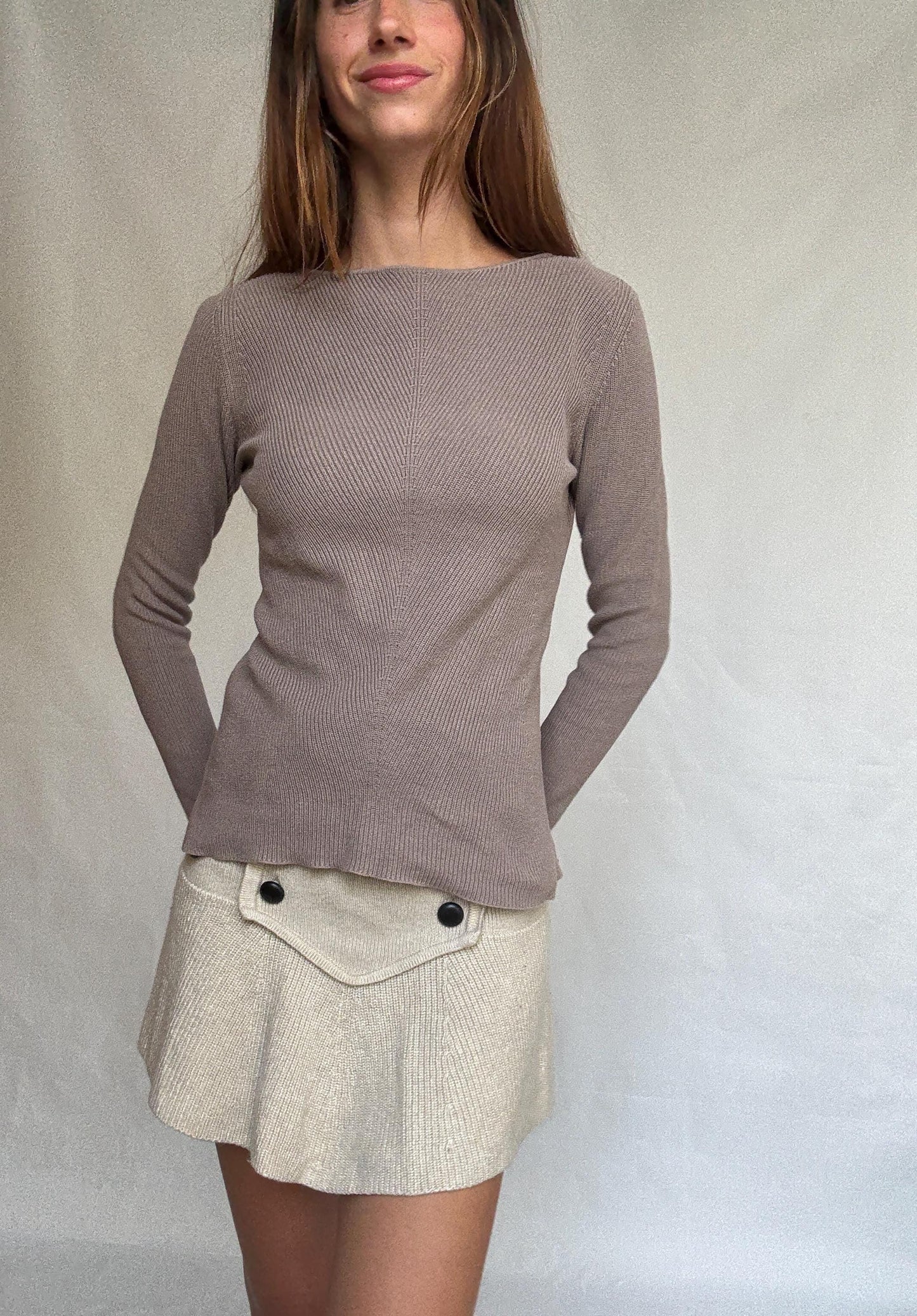 Massimo Dutti taupe brown long, sleeve top, 100% cotton, slim fit, ribbed texture, minimalist, US S, versatile layering piece