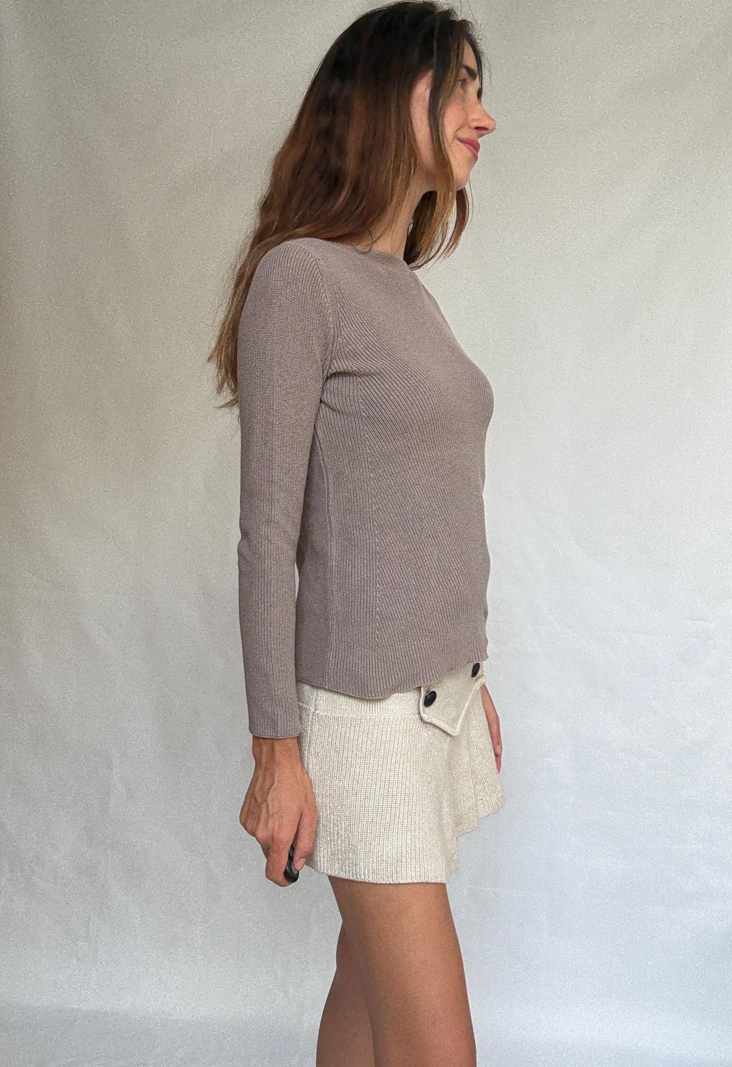 Massimo Dutti taupe brown long, sleeve top, 100% cotton, slim fit, ribbed texture, minimalist, US S, versatile layering piece