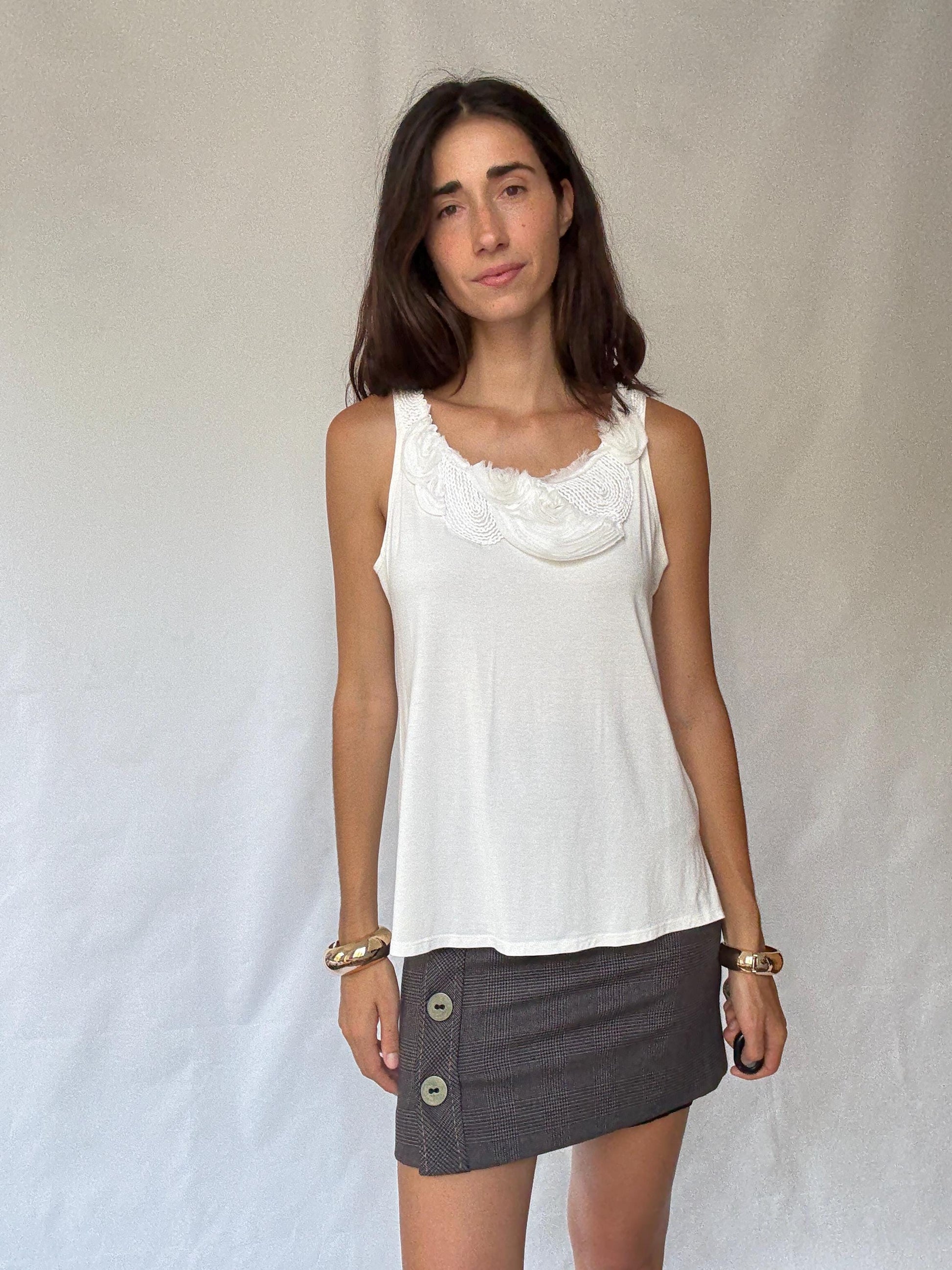 Zendra white camisole top, cotton feel, flowy fit, floral applique neckline, romantic chic, EU 46, casual everyday