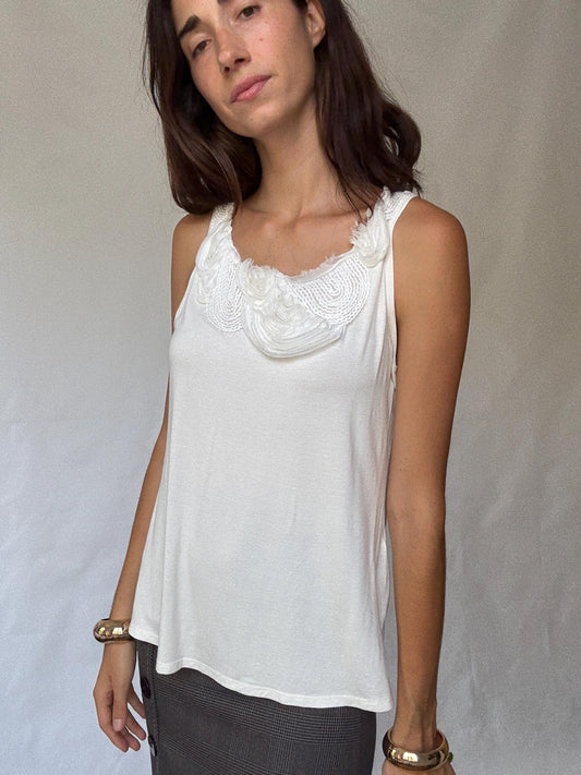 Zendra white camisole top, cotton feel, flowy fit, floral applique neckline, romantic chic, EU 46, casual everyday