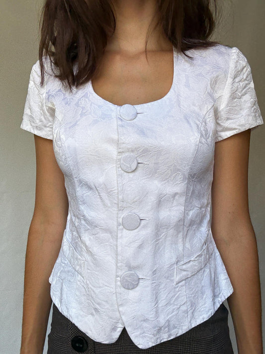 Vintage white blouse, fitted silhouette, floral damask pattern, romantic French aesthetic, Laura Marling, US S, evening wear