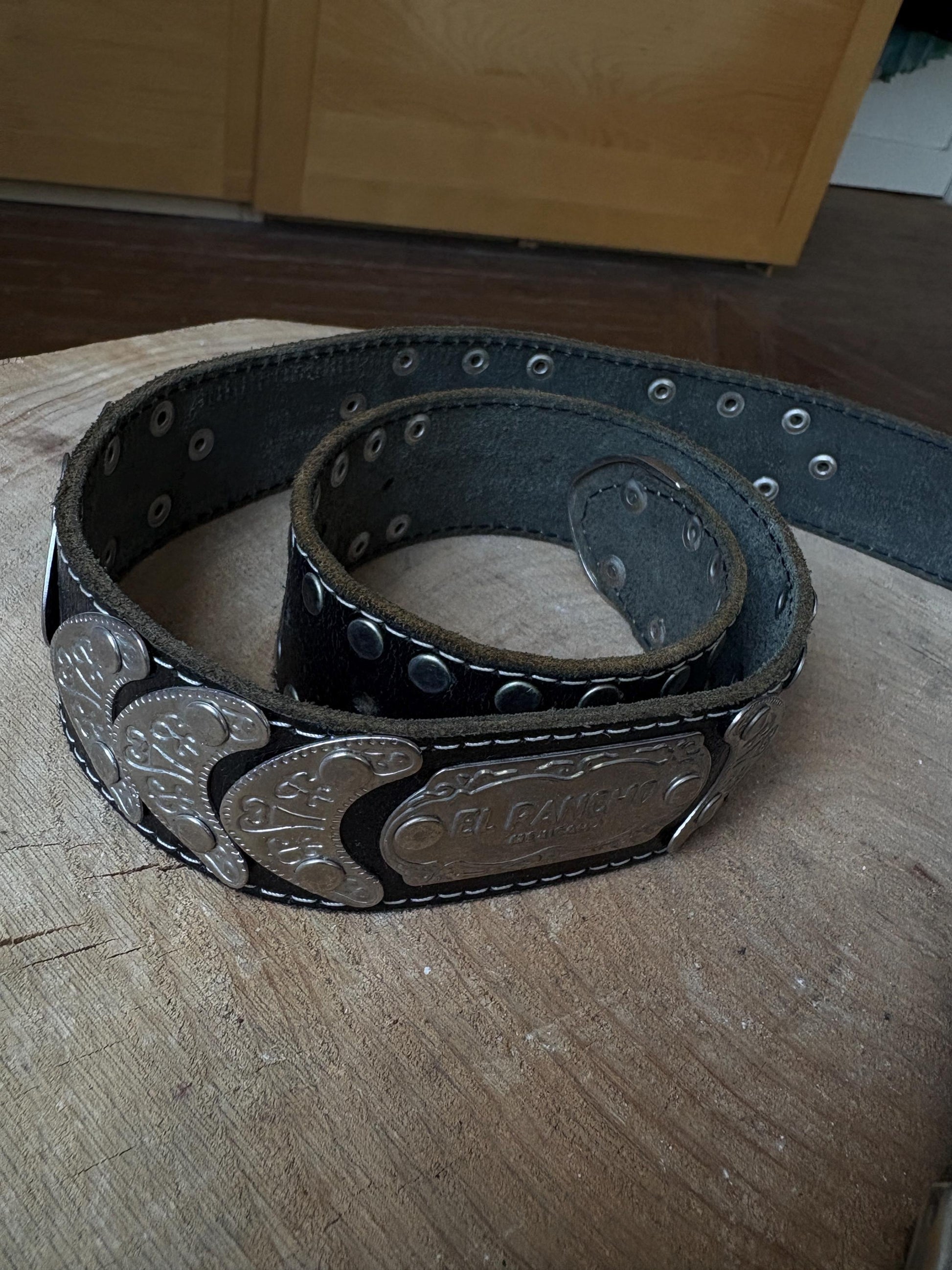 El Rancho Mexicano black leather belt, genuine leather, western style, silver, tone engraved buckle, vintage accessory, adjustable fit