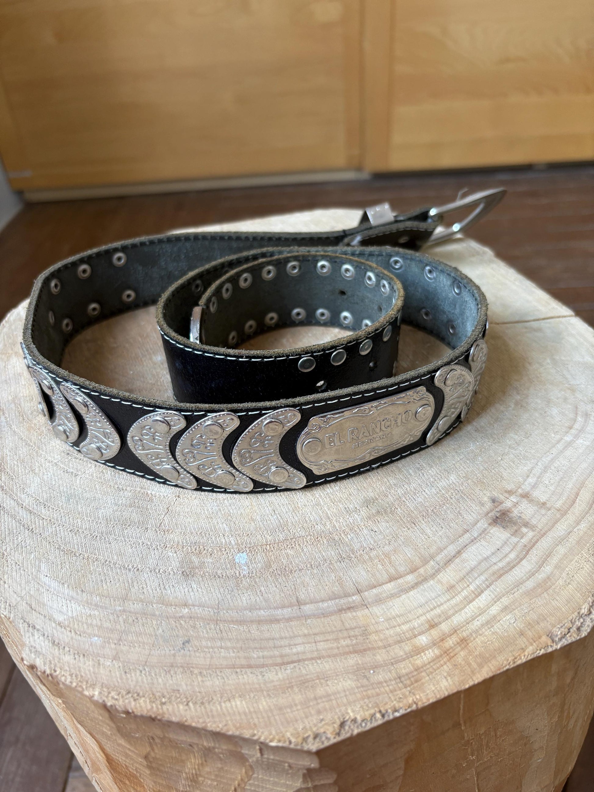 El Rancho Mexicano black leather belt, genuine leather, western style, silver, tone engraved buckle, vintage accessory, adjustable fit
