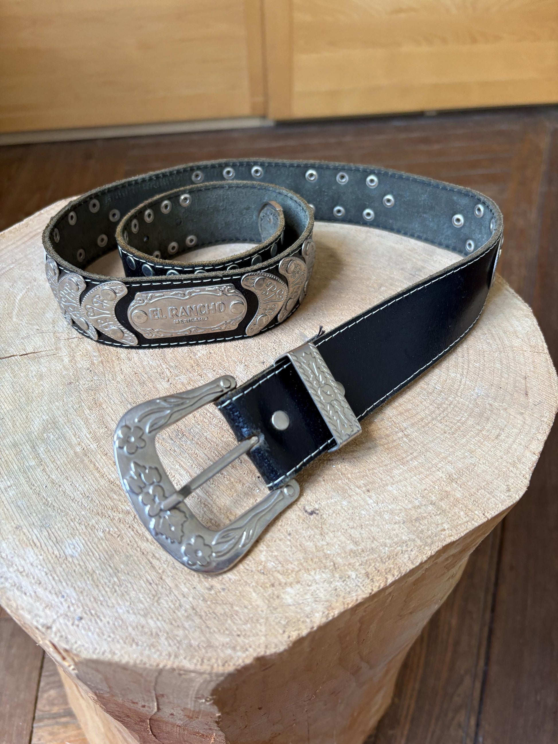 El Rancho Mexicano black leather belt, genuine leather, western style, silver, tone engraved buckle, vintage accessory, adjustable fit