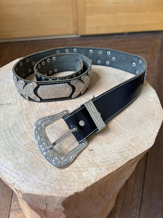 El Rancho Mexicano black leather belt, genuine leather, western style, silver, tone engraved buckle, vintage accessory, adjustable fit