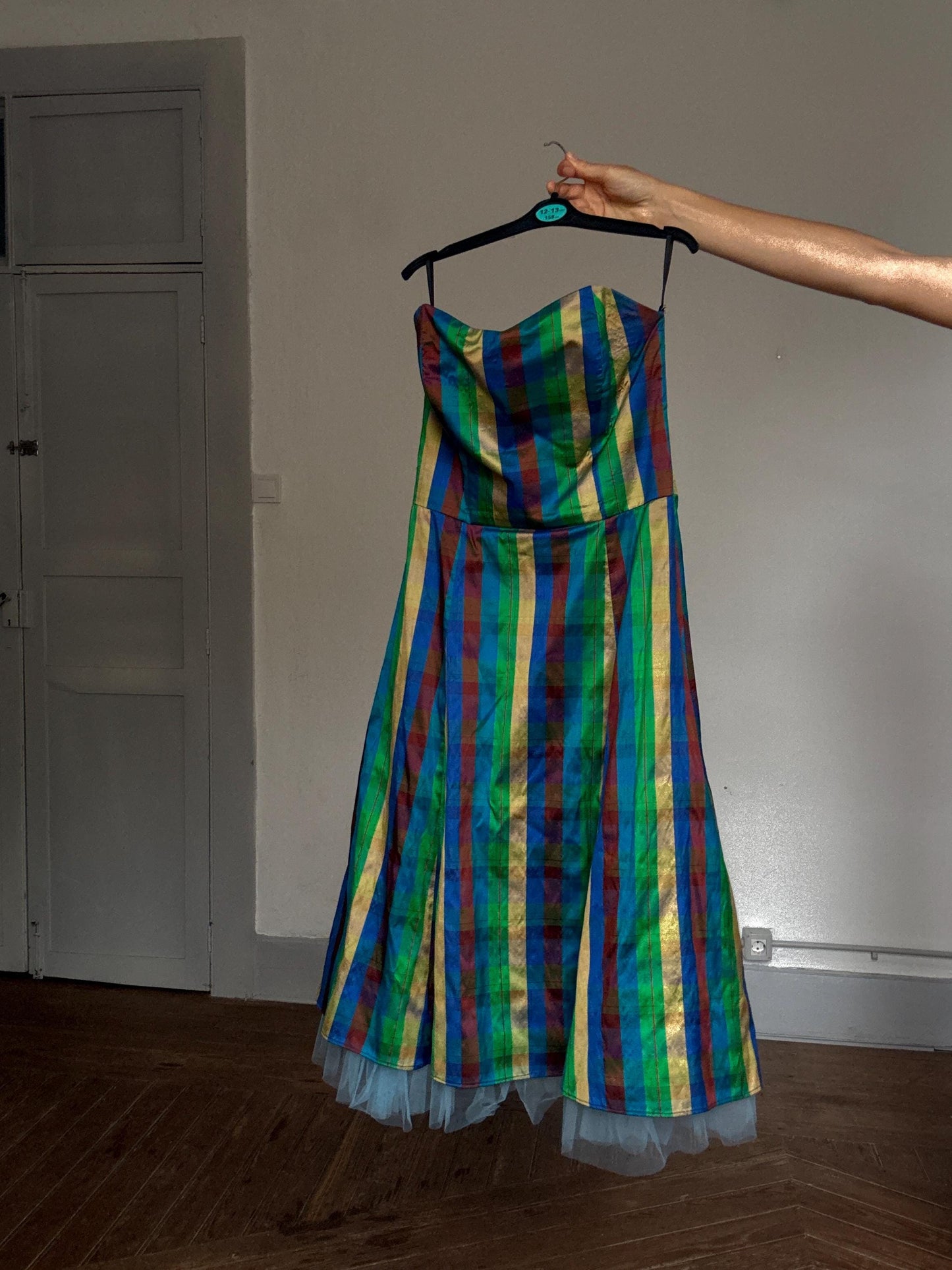 Vibrant handmade multicolor strapless dress, fitted silhouette, festival vibe, US S, party attire