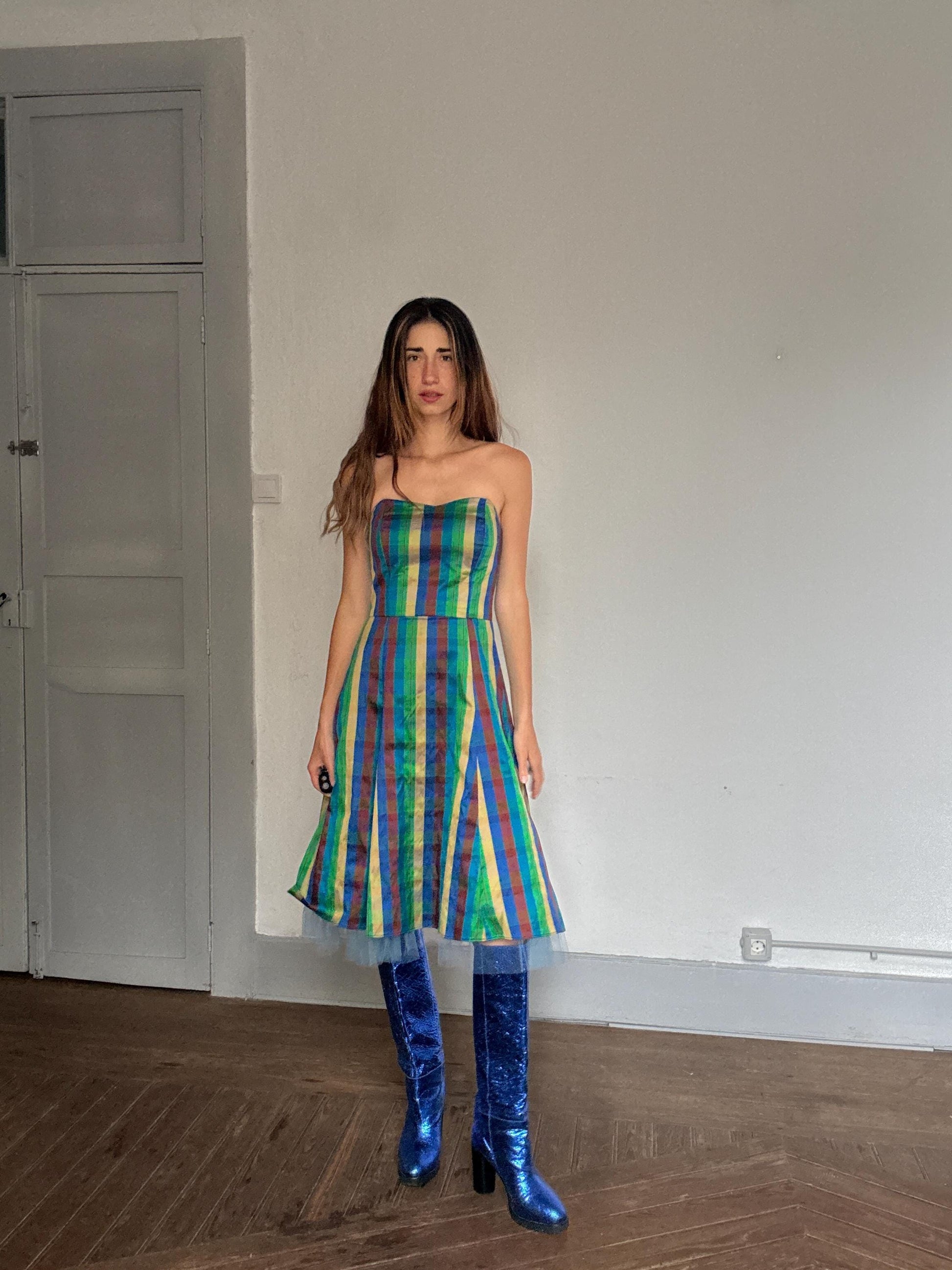 Vibrant handmade multicolor strapless dress, fitted silhouette, festival vibe, US S, party attire