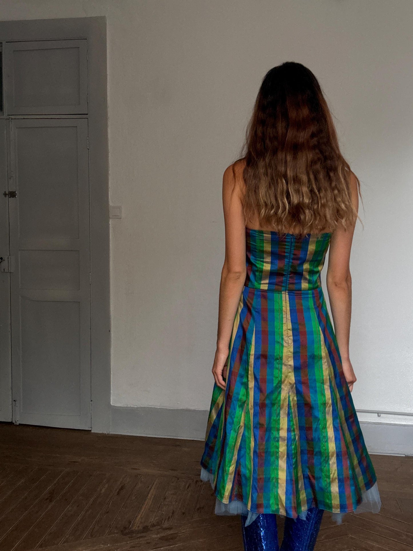 Vibrant handmade multicolor strapless dress, fitted silhouette, festival vibe, US S, party attire