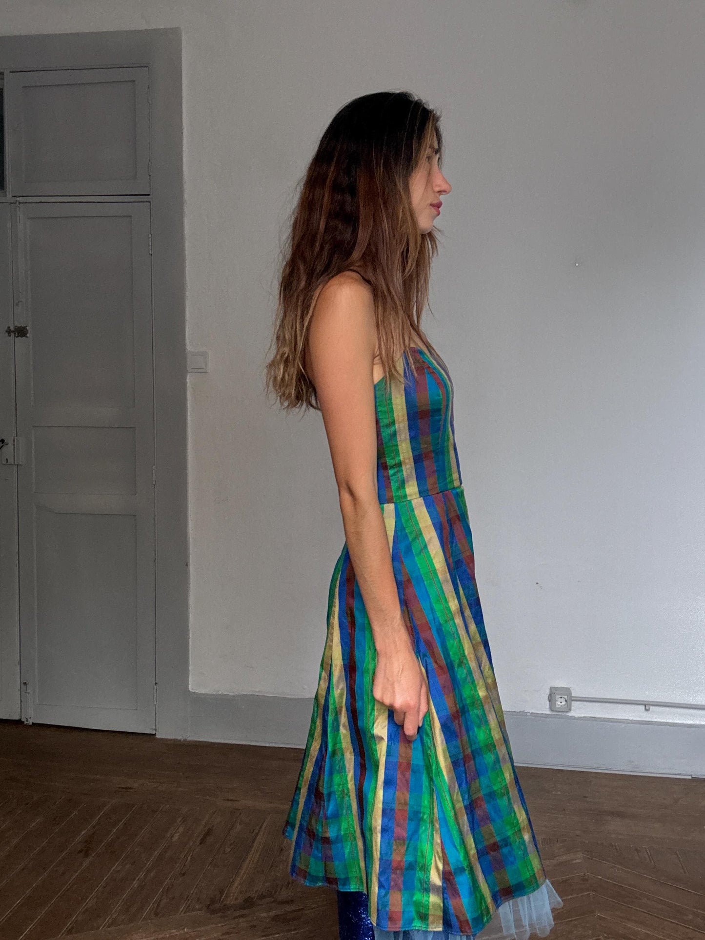 Vibrant handmade multicolor strapless dress, fitted silhouette, festival vibe, US S, party attire