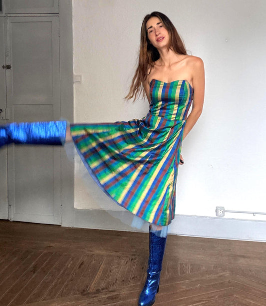 Vibrant handmade multicolor strapless dress, fitted silhouette, festival vibe, US S, party attire