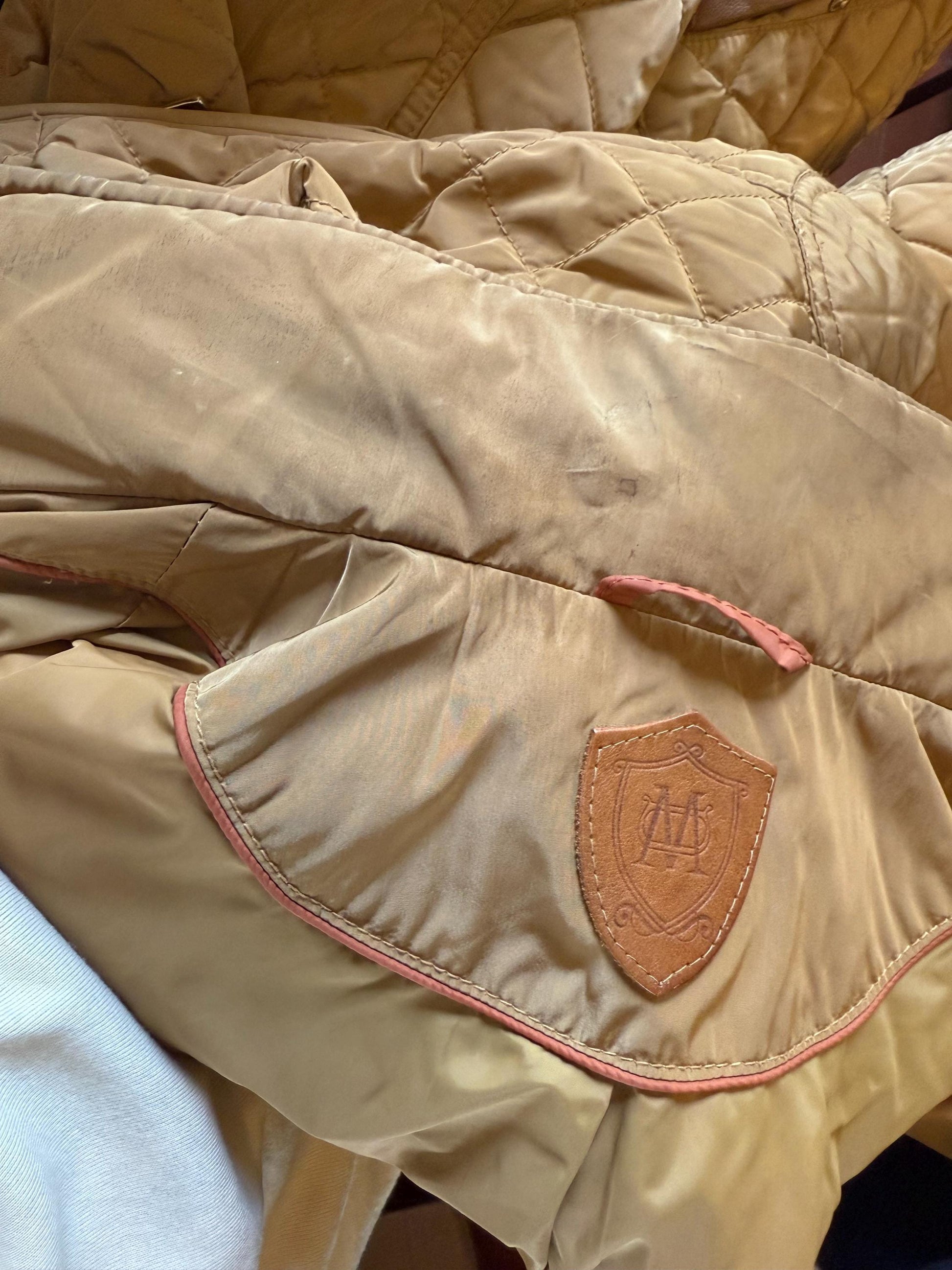 Massimo Dutti tan quilted coat, cotton feel, structured fit, two, button closure, leather, accented pockets, minimalist, US XL, smart casual