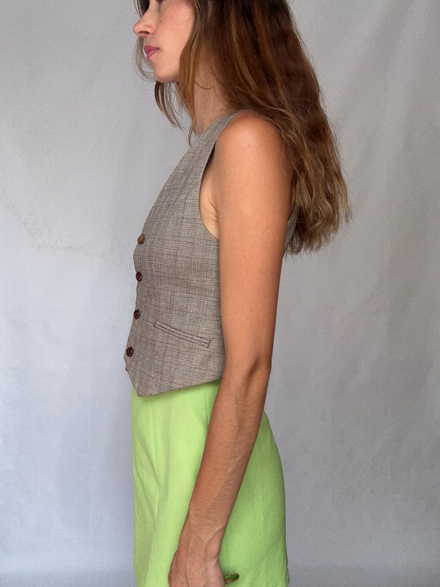 Vintage Academia Plaid Vest – Brown Beige Button-Up Gilet – Y2K Schoolgirl Waistcoat – Cottagecore Style Top, Size XS - S