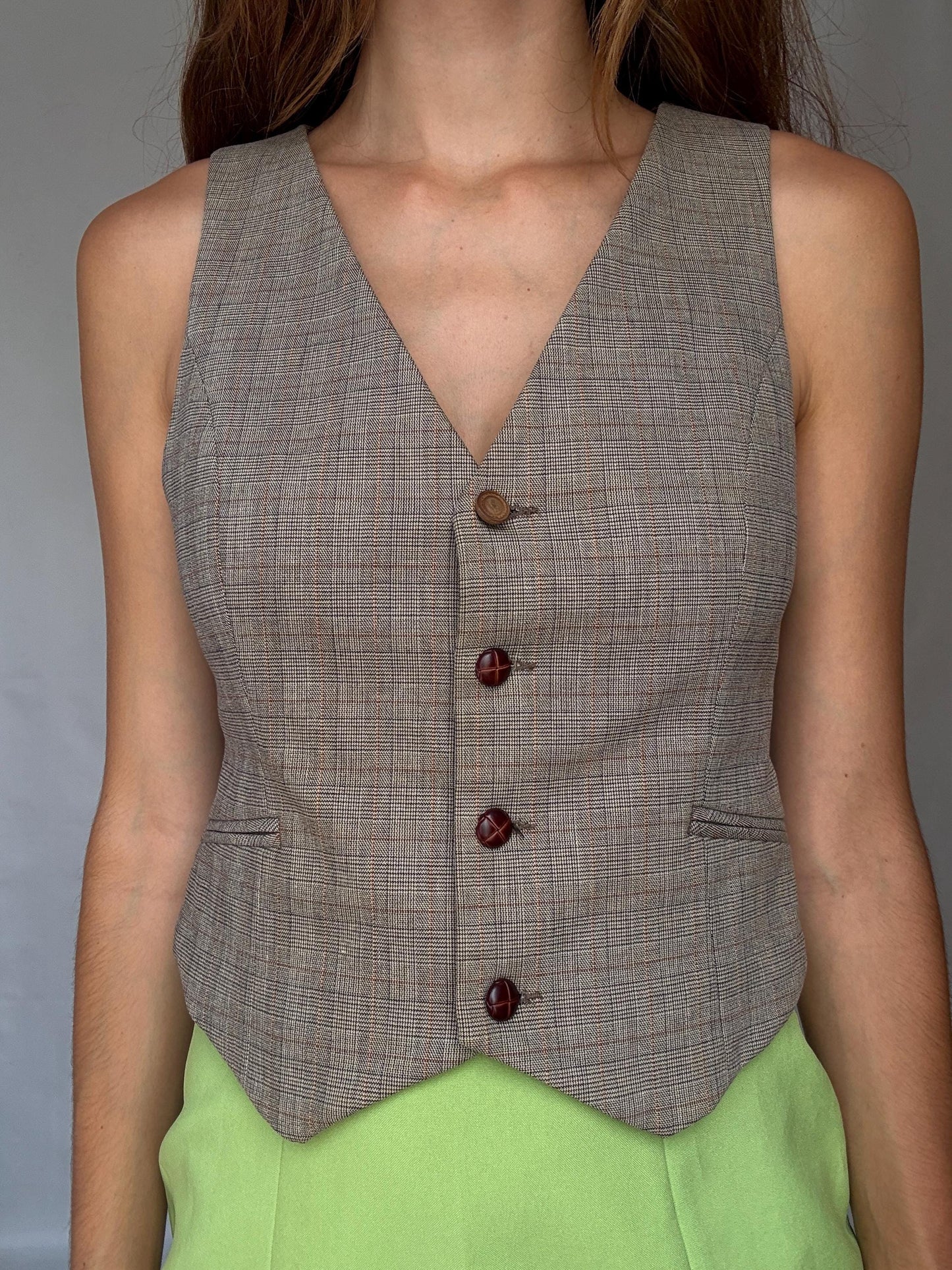 Vintage Academia Plaid Vest – Brown Beige Button-Up Gilet – Y2K Schoolgirl Waistcoat – Cottagecore Style Top, Size XS - S