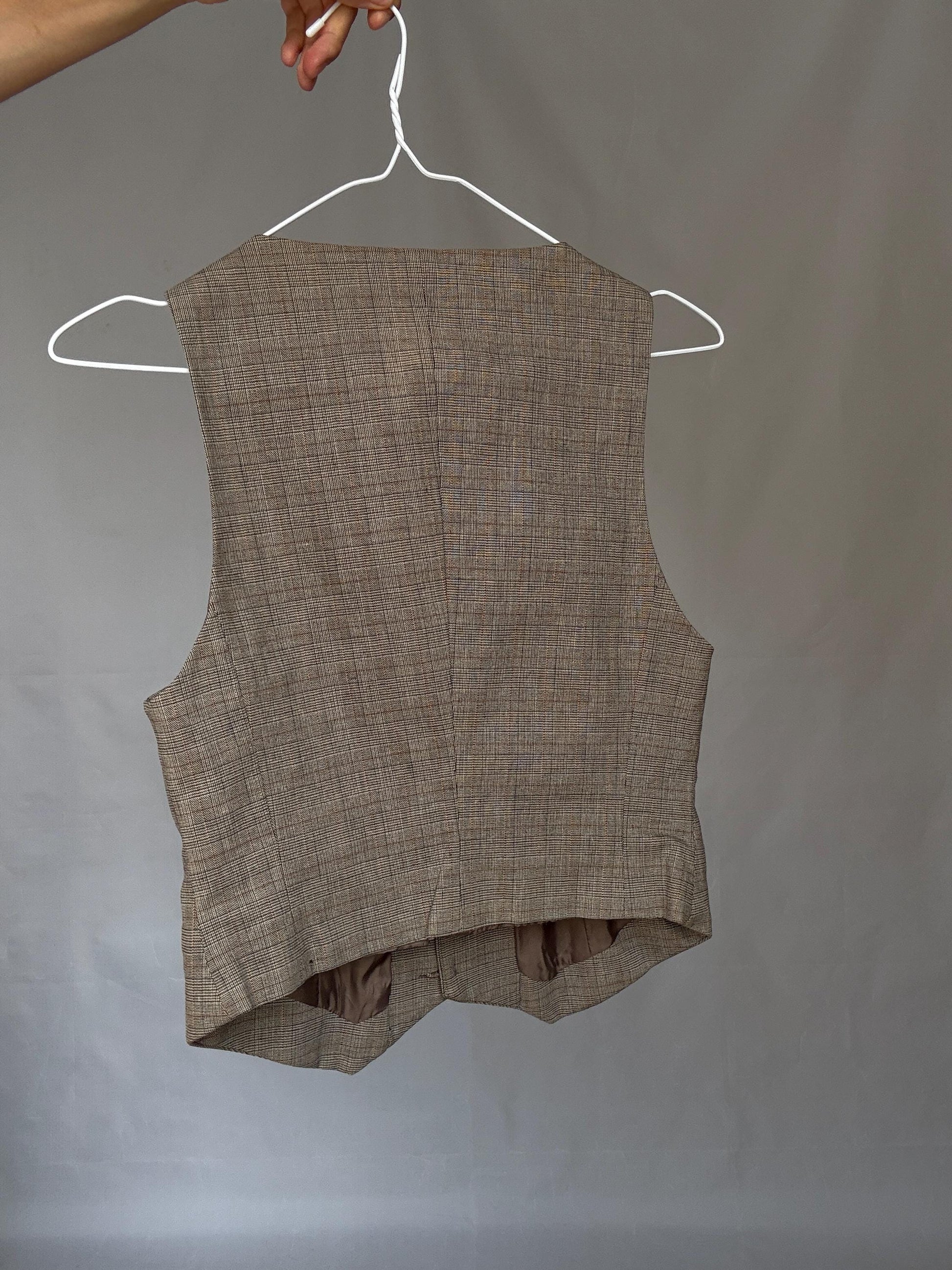 Vintage Academia Plaid Vest – Brown Beige Button-Up Gilet – Y2K Schoolgirl Waistcoat – Cottagecore Style Top, Size XS - S