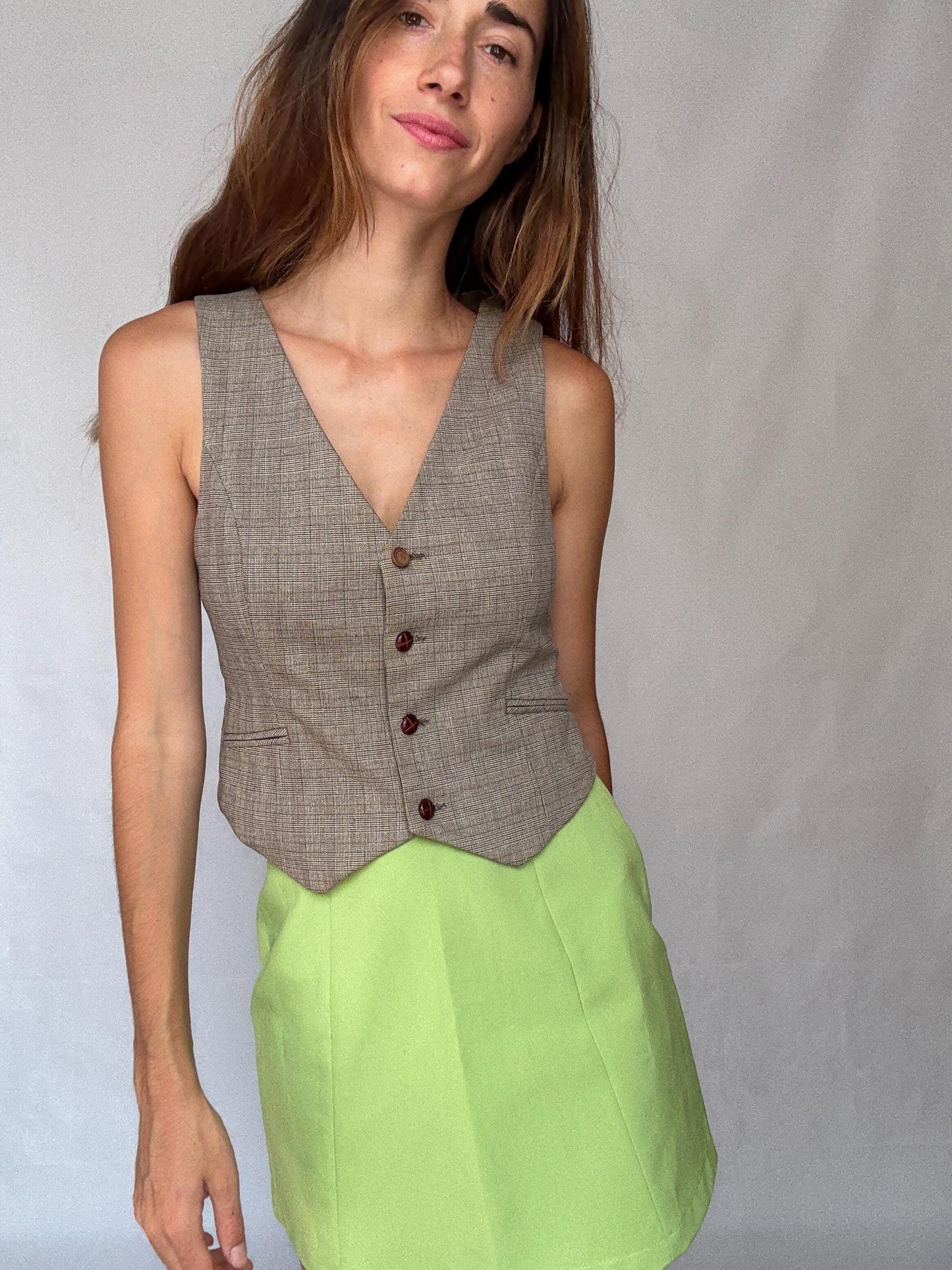 Vintage Academia Plaid Vest – Brown Beige Button-Up Gilet – Y2K Schoolgirl Waistcoat – Cottagecore Style Top, Size XS - S