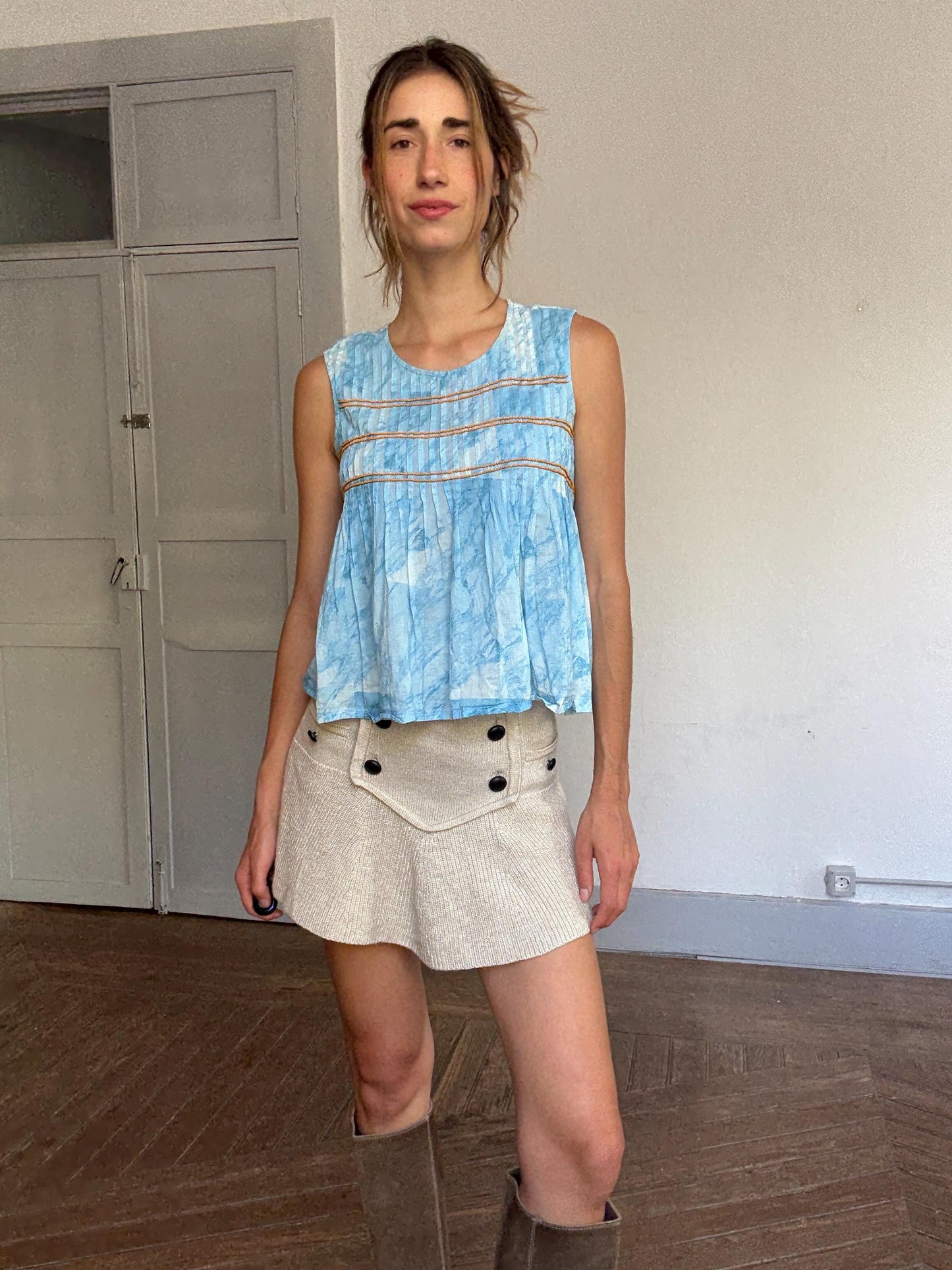 Vintage Spanish designer blue white tie dye camisole, 100% cotton, relaxed fit, orange beaded detail, bohemian y2k vibe, US XS