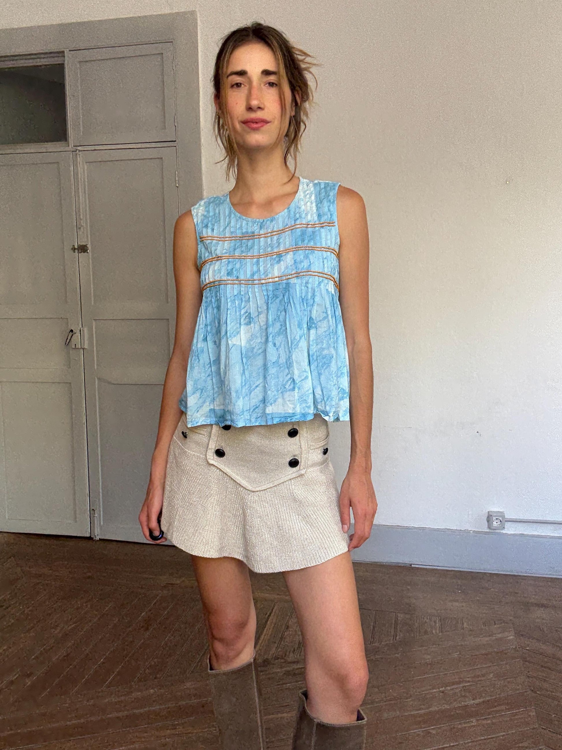 Vintage Spanish designer blue white tie dye camisole, 100% cotton, relaxed fit, orange beaded detail, bohemian y2k vibe, US XS