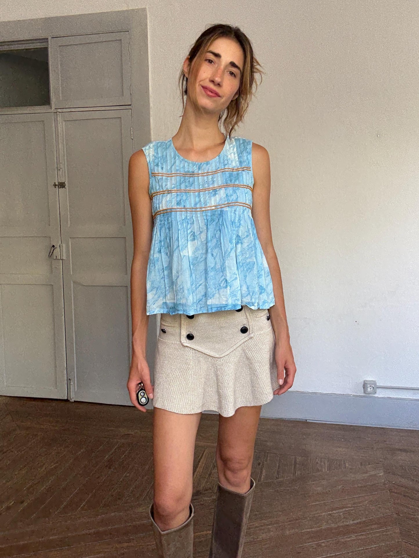 Vintage Spanish designer blue white tie dye camisole, 100% cotton, relaxed fit, orange beaded detail, bohemian y2k vibe, US XS