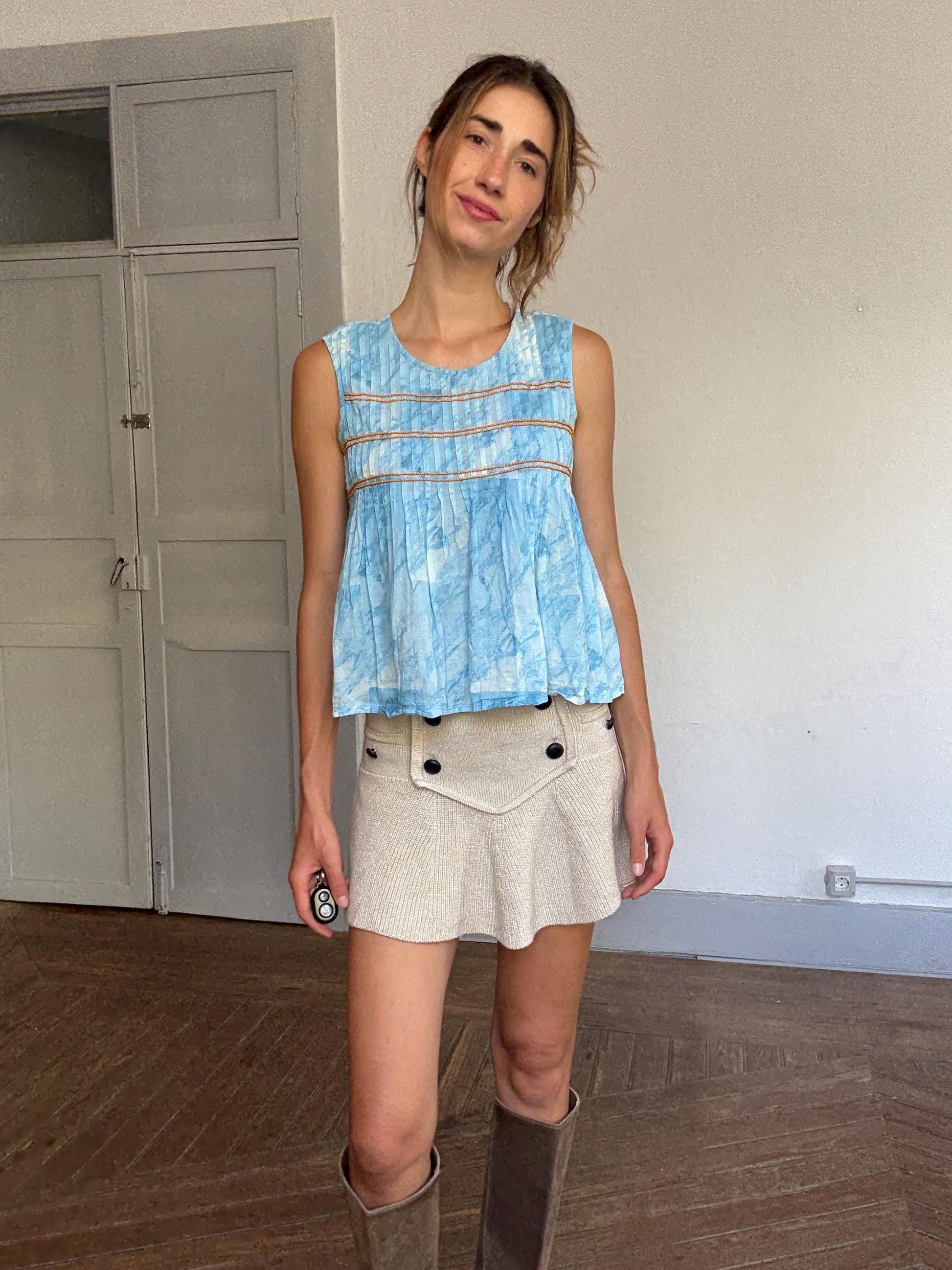 Vintage Spanish designer blue white tie dye camisole, 100% cotton, relaxed fit, orange beaded detail, bohemian y2k vibe, US XS