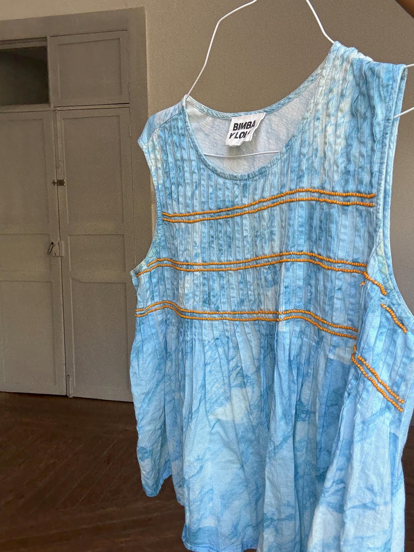 Vintage Spanish designer blue white tie dye camisole, 100% cotton, relaxed fit, orange beaded detail, bohemian y2k vibe, US XS