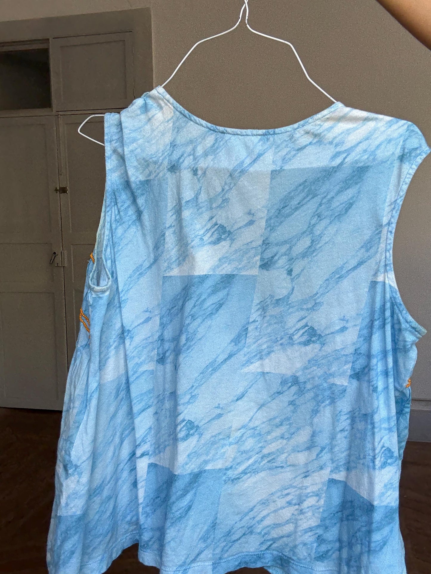 Vintage Spanish designer blue white tie dye camisole, 100% cotton, relaxed fit, orange beaded detail, bohemian y2k vibe, US XS