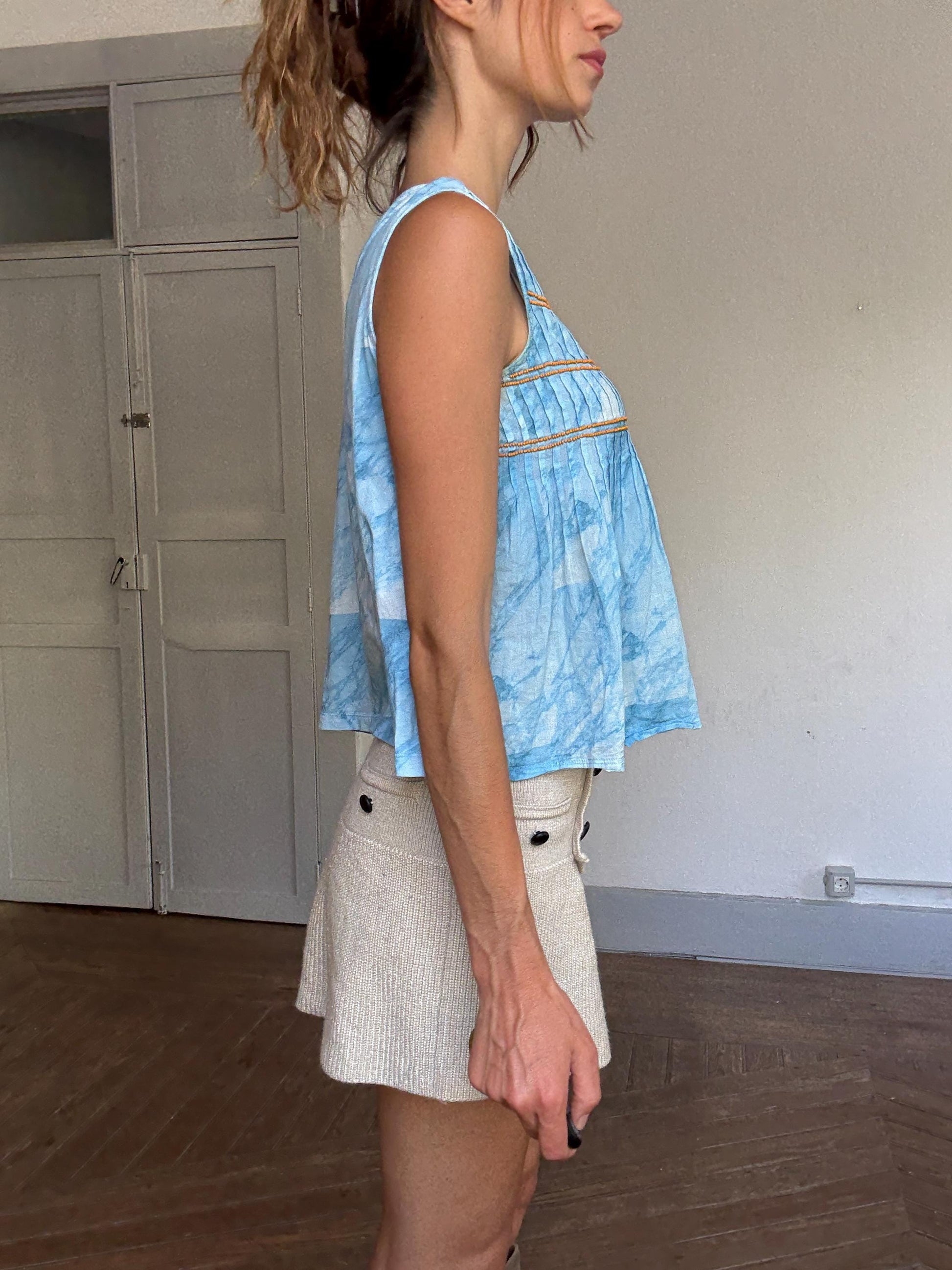 Vintage Spanish designer blue white tie dye camisole, 100% cotton, relaxed fit, orange beaded detail, bohemian y2k vibe, US XS