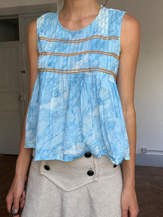 Vintage Spanish designer blue white tie dye camisole, 100% cotton, relaxed fit, orange beaded detail, bohemian y2k vibe, US XS