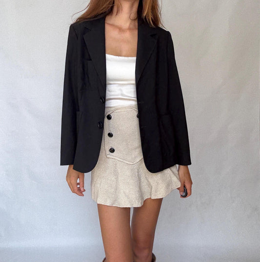 Síntesis black wool blazer in pure new wool US M, 3-button front with oversized pockets, lined in viscose, dark academia preppy look