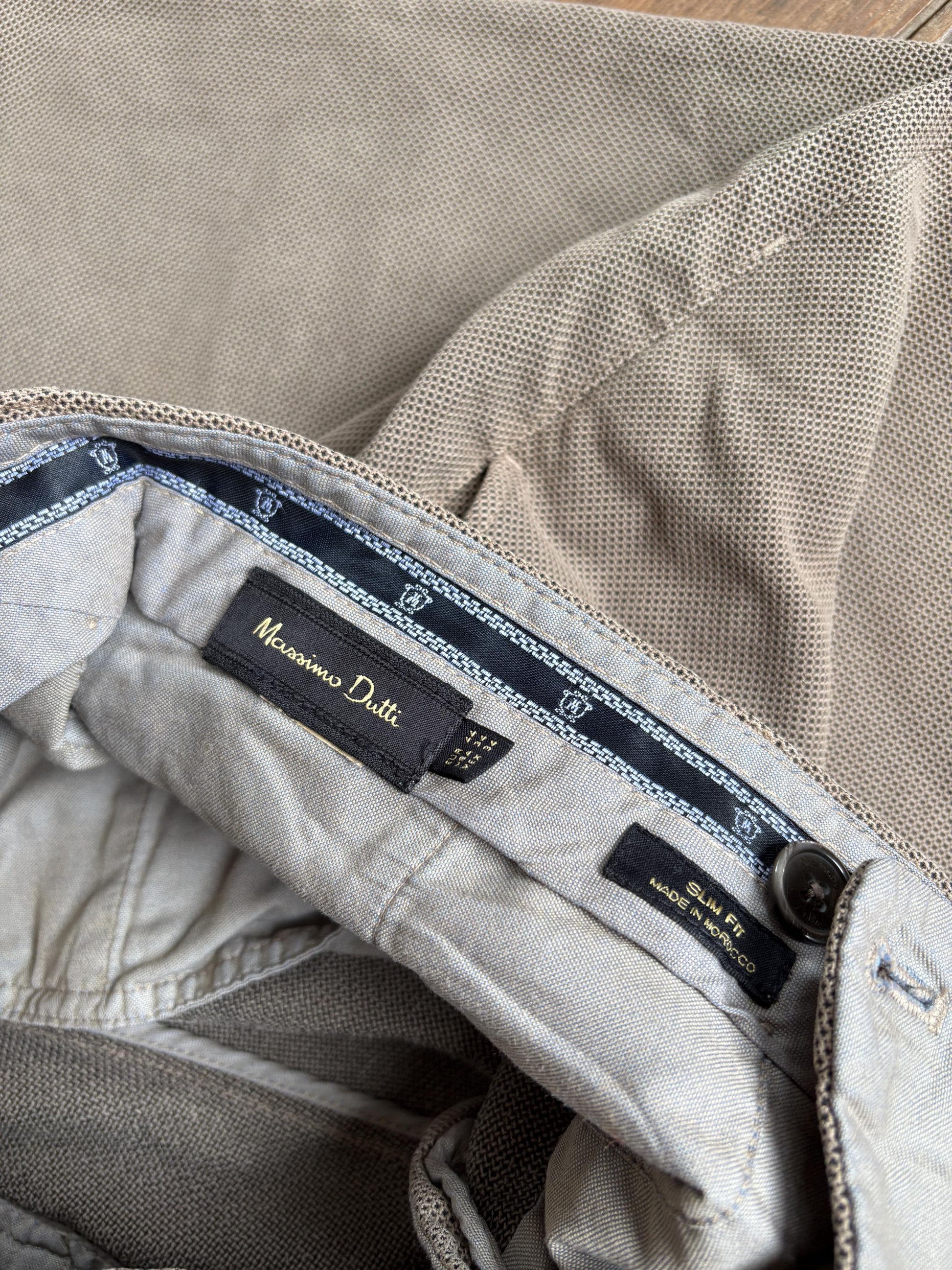 Massimo Dutti beige trousers, cotton feel, slim fit, button closure with zip fly, minimalist chic, US L, versatile casual