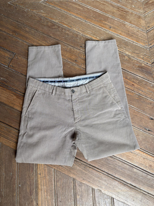 Massimo Dutti beige trousers, cotton feel, slim fit, button closure with zip fly, minimalist chic, US L, versatile casual