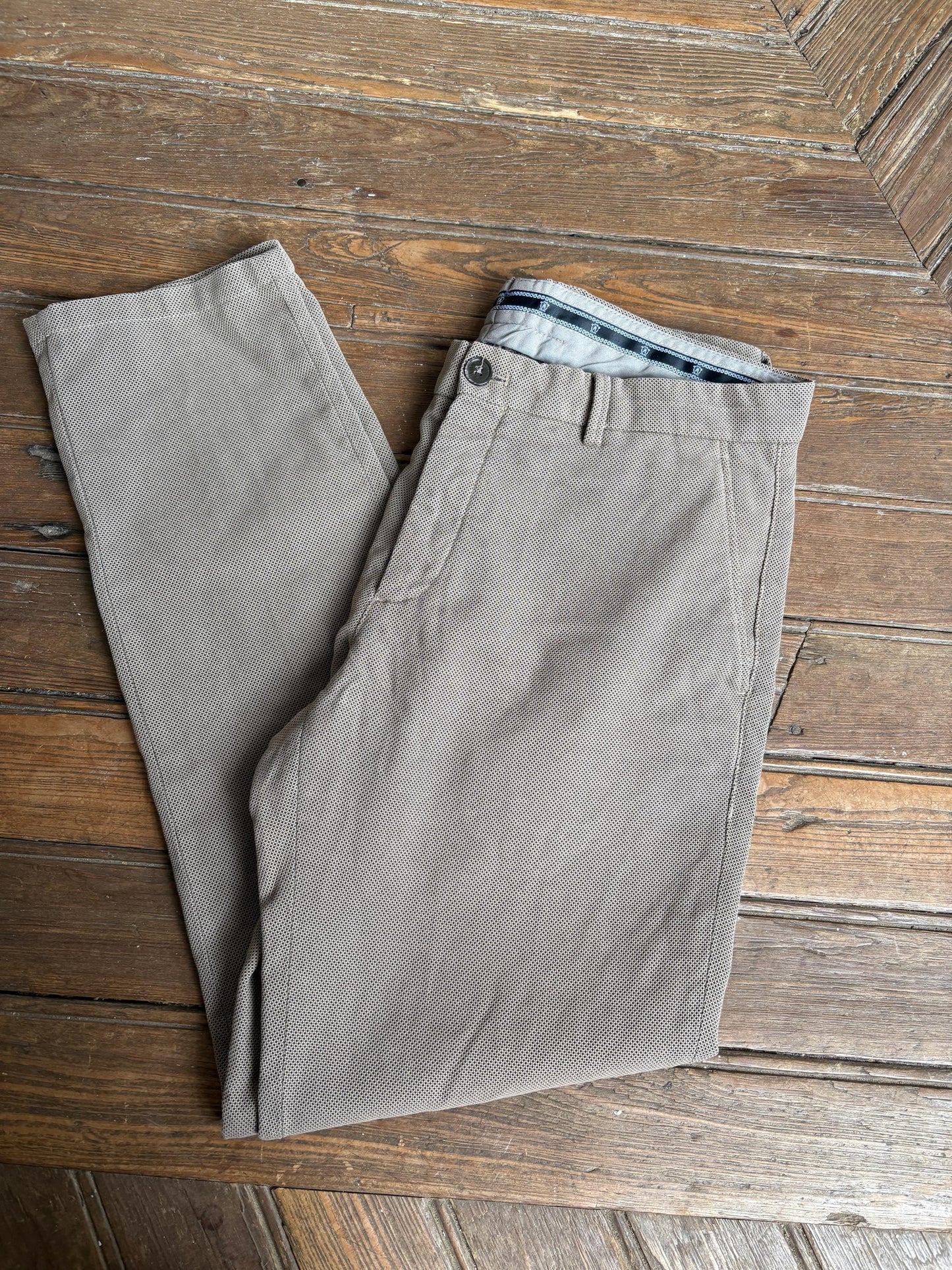 Massimo Dutti beige trousers, cotton feel, slim fit, button closure with zip fly, minimalist chic, US L, versatile casual