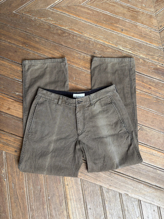 Drykorn brown houndstooth trousers, cotton blend, straight fit, button and zip fly, side pockets and belt loops, casual retro 90s, US XL