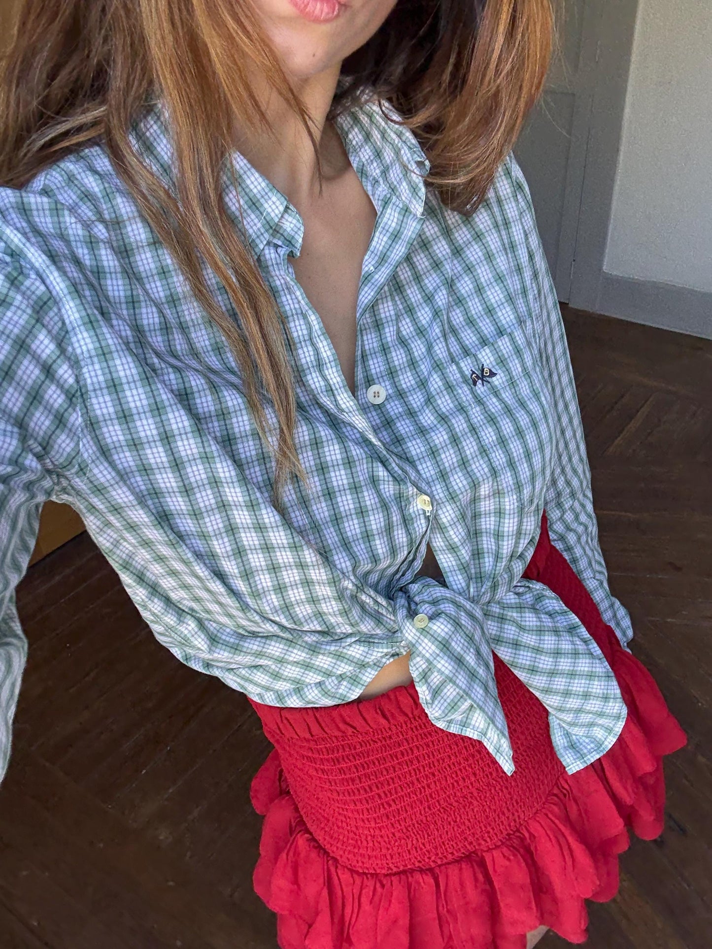 Vintage Thomas Burberry Check Shirt | Green & White 100% Cotton Button-Up | Size L - 44 |