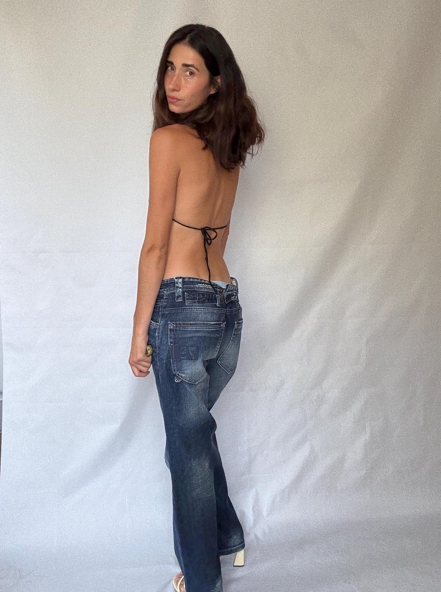 Jack & Jones dark blue jeans, cotton feel, straight fit, embroidered pocket text, vintage 90s style, US L, streetwear casual