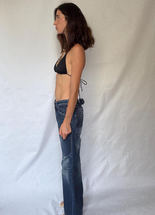 Jack & Jones dark blue jeans, cotton feel, straight fit, embroidered pocket text, vintage 90s style, US L, streetwear casual