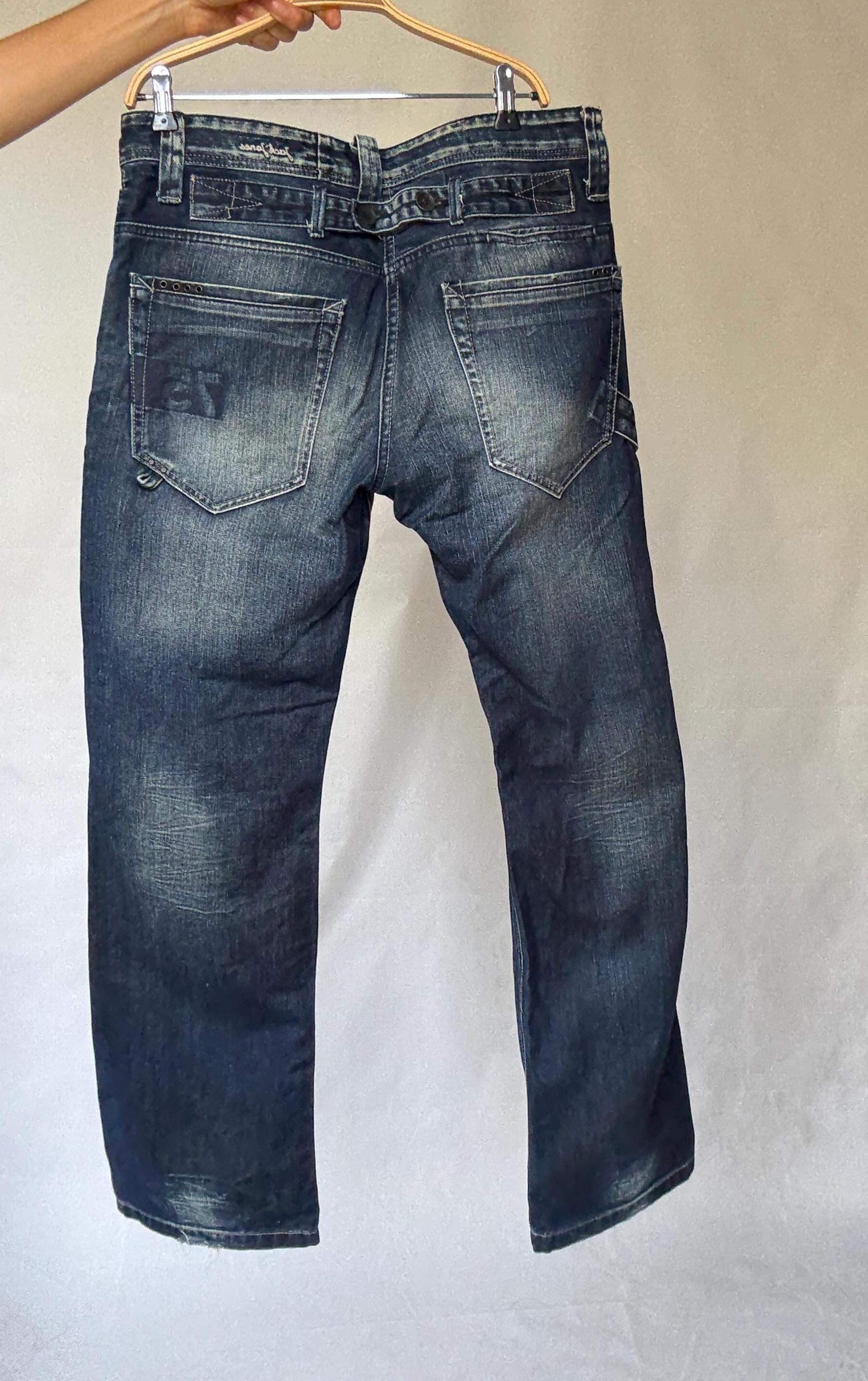 Jack & Jones dark blue jeans, cotton feel, straight fit, embroidered pocket text, vintage 90s style, US L, streetwear casual