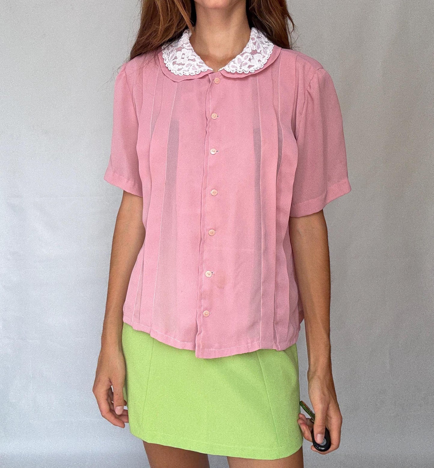 Vintage pink blouse with white lace collar M – cottagecore romantic short sleeve button up shirt