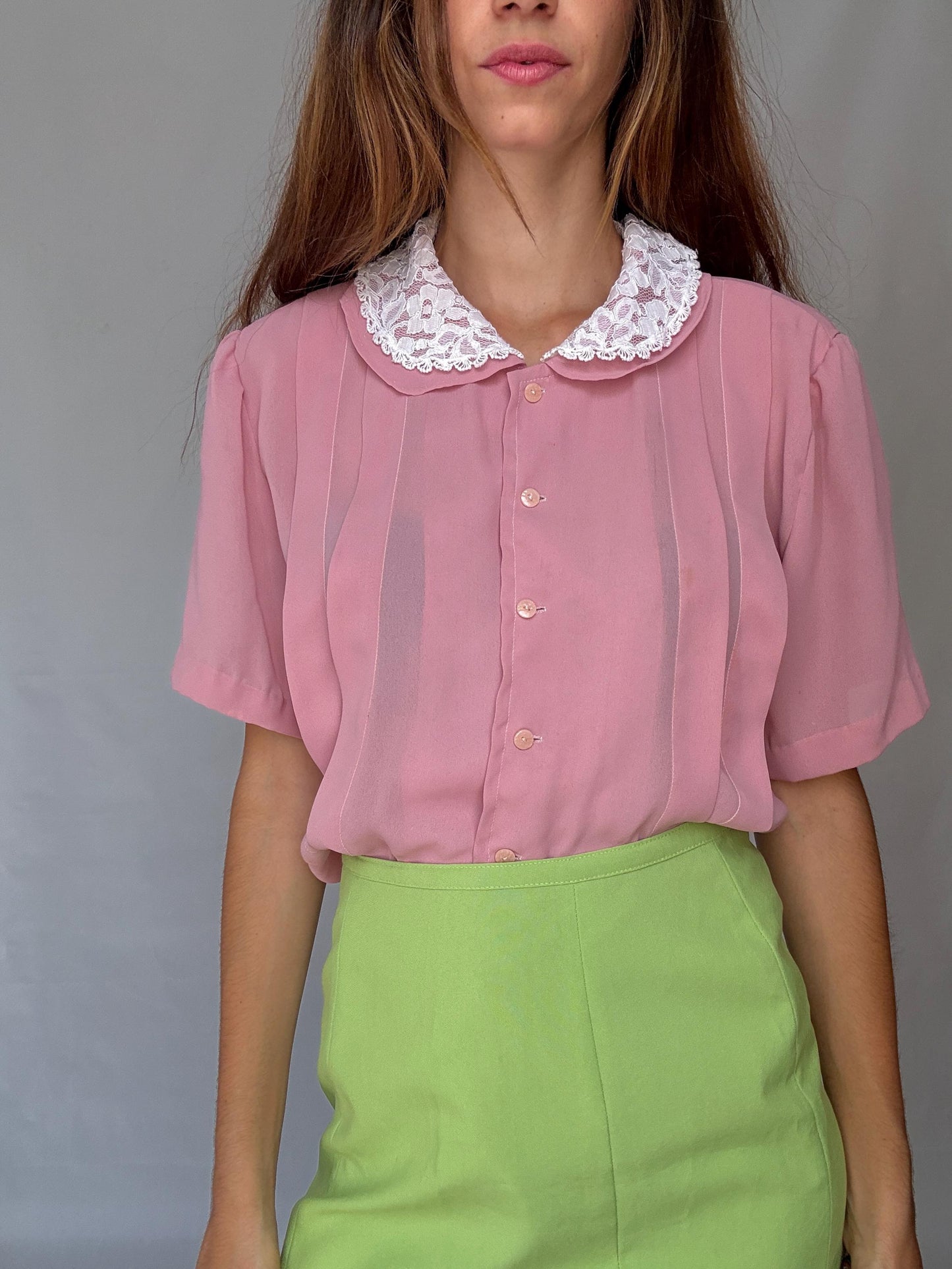 Vintage pink blouse with white lace collar M – cottagecore romantic short sleeve button up shirt