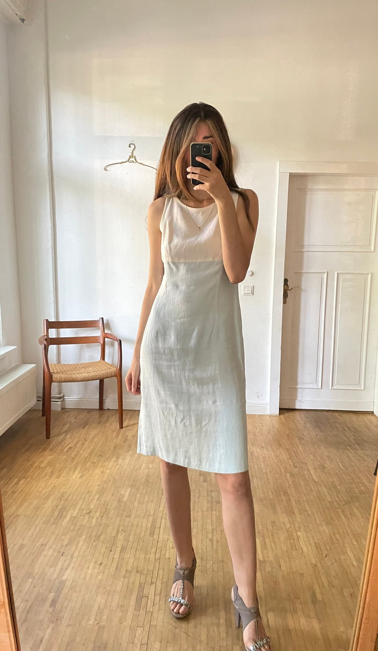 SCAPA light blue and white designer pencil dress, Linen summer dress,