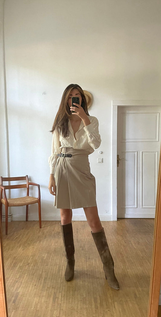 Luxury Josephine & Co hight waisted wool taupe skirt, Wool blend business skirt, Casual pleated high waist skirt, Smart taupe skirt, M